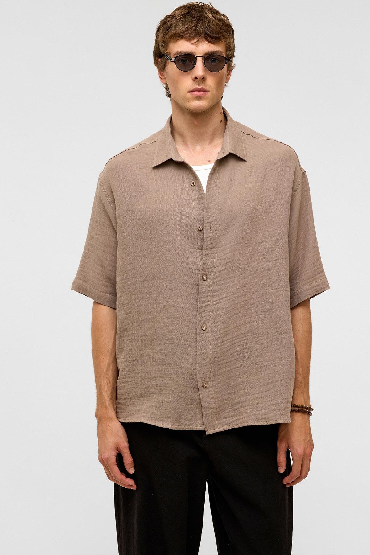 Oversize Kısa Kollıu Müslin Kumaş Gömlek Bej