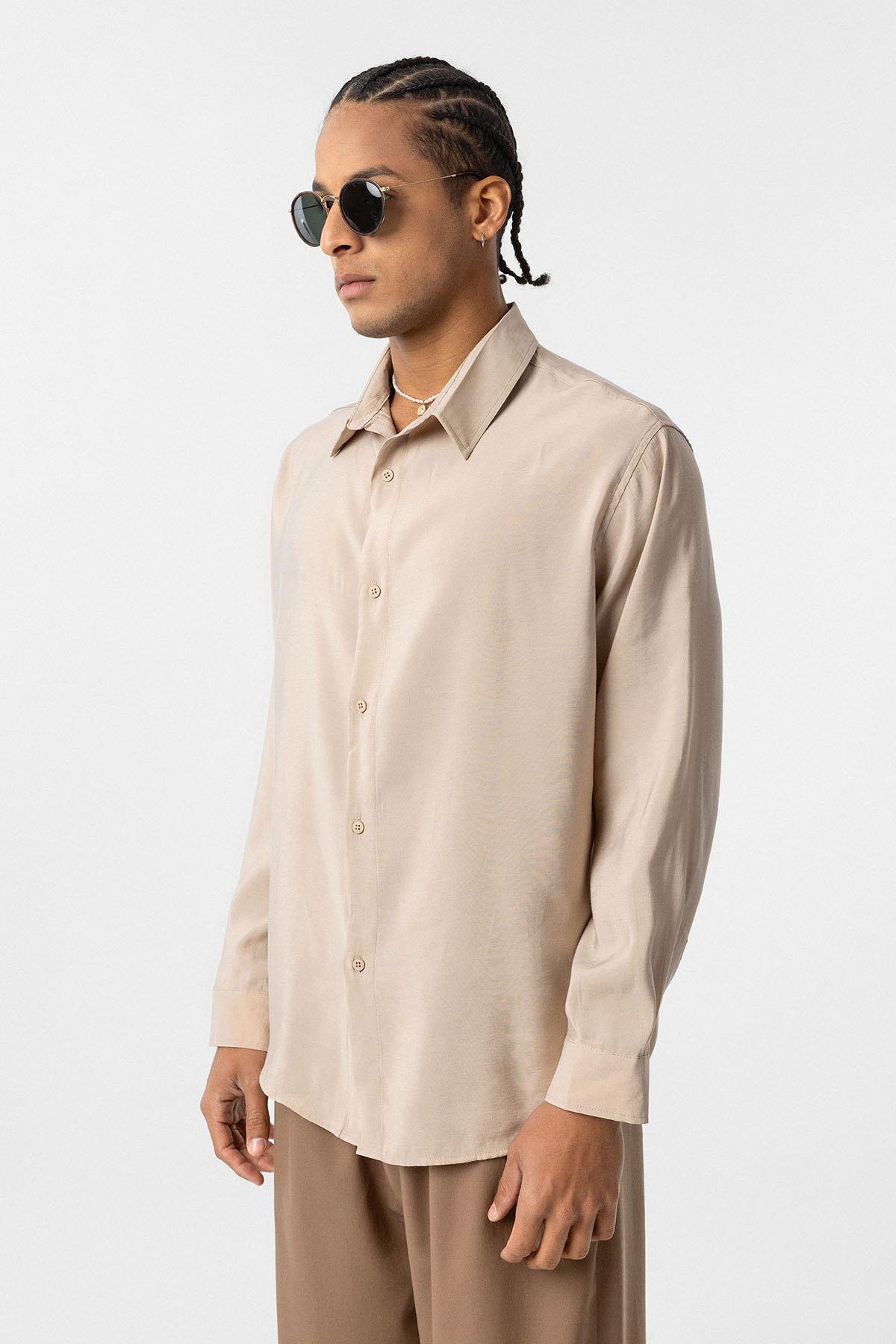 Oversize Modal Kumaş Gömlek Bej