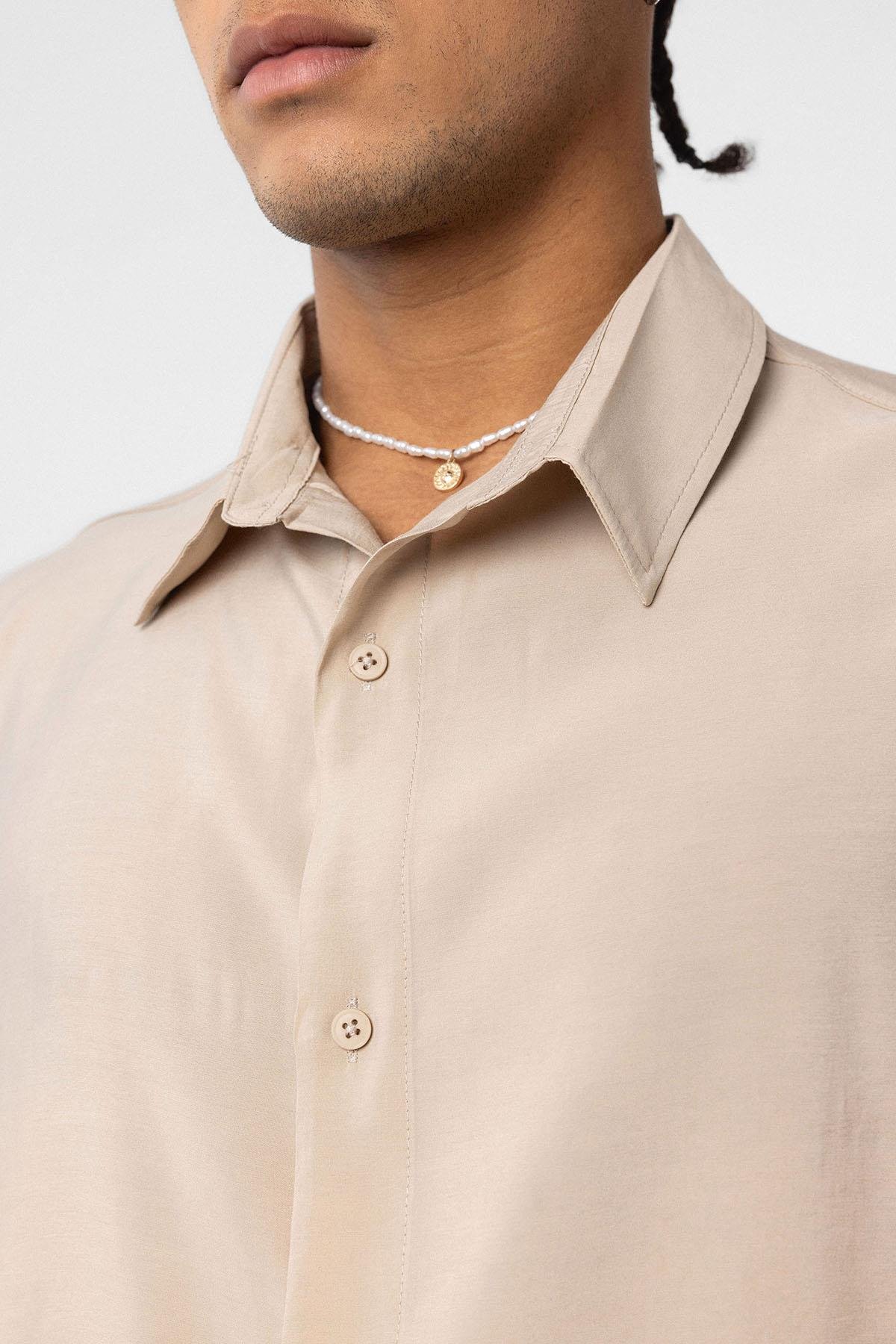 Oversize Modal Kumaş Gömlek Bej