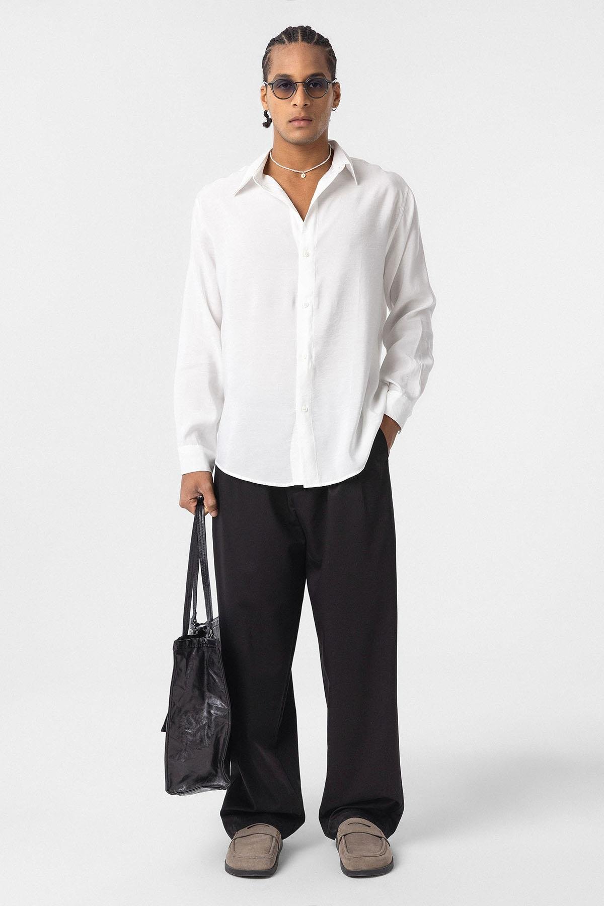 Oversize Modal Kumaş Gömlek Beyaz