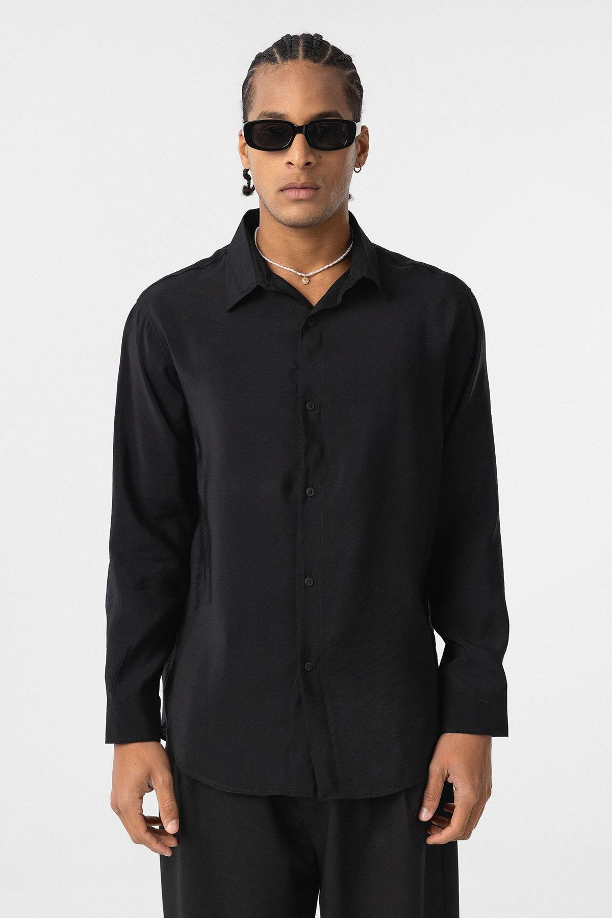 Oversize Modal Kumaş Gömlek Siyah