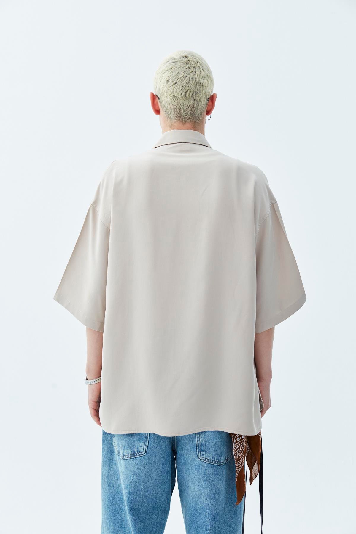 Oversize Tek Cepli Kısa Kol Keten Gömlek Bej