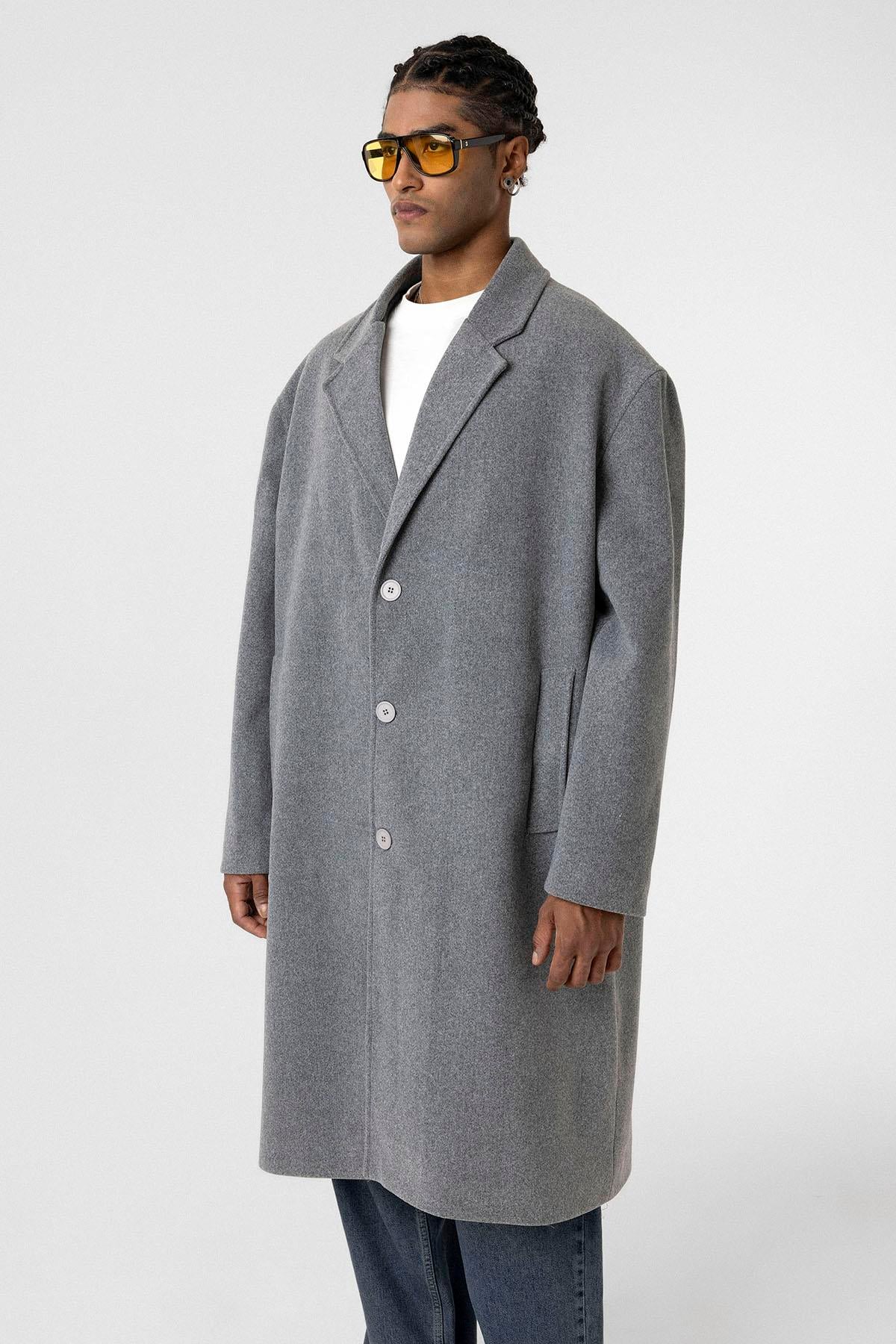 Oversize Uzun Kaşe Kaban Gri
