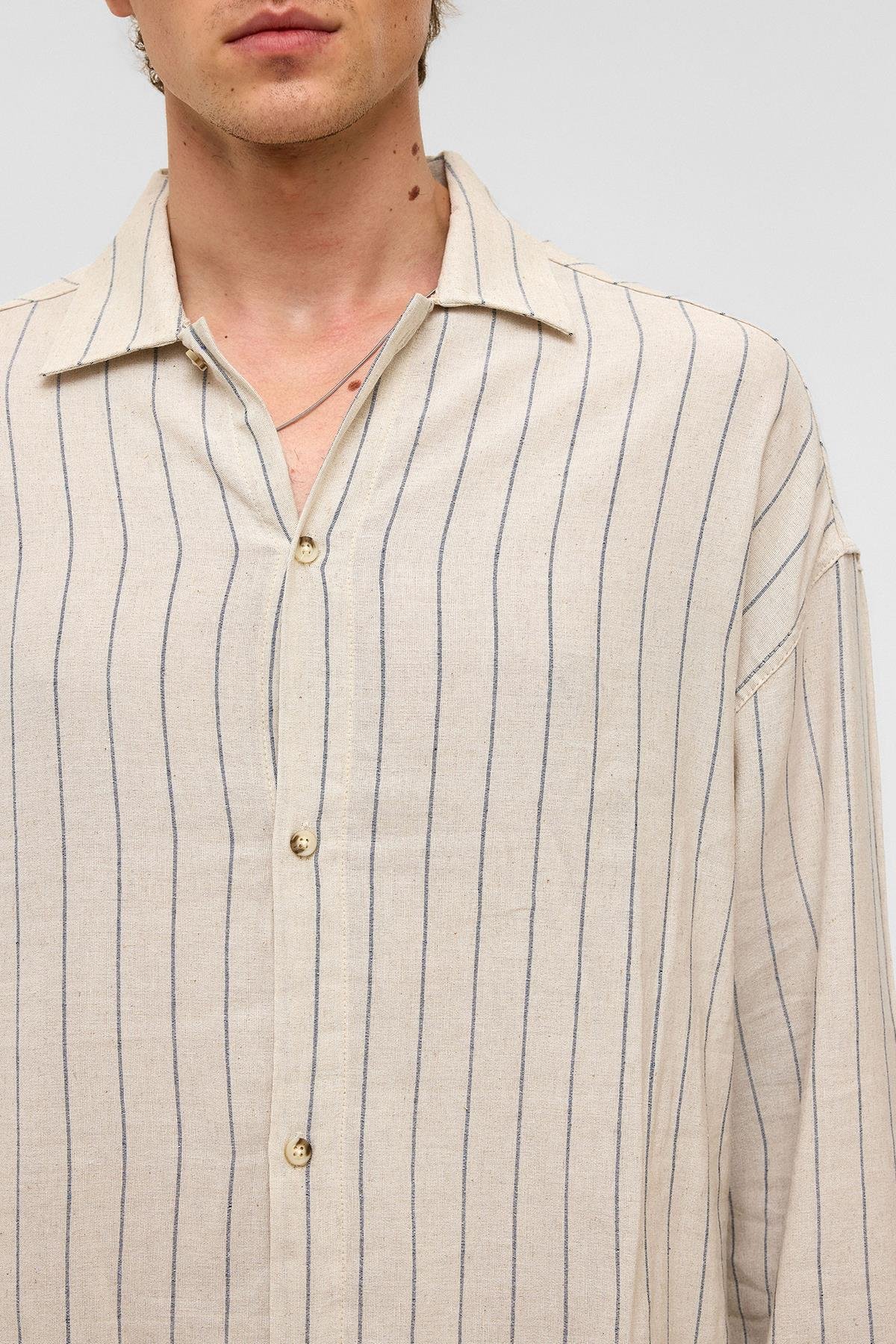 Oversize Uzun Kollu Çizgili Keten Gömlek İndigo