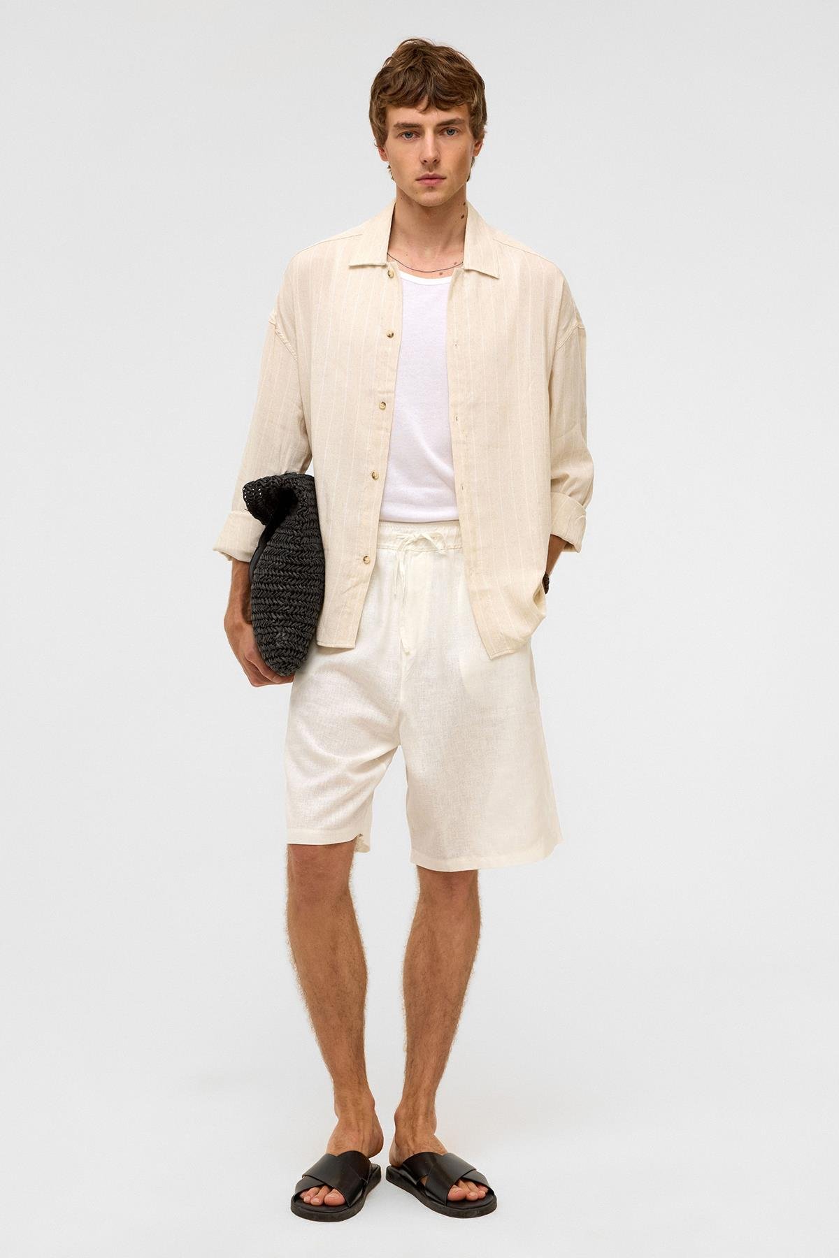 Oversize Uzun Kollu Çizgili Keten Gömlek Beyaz