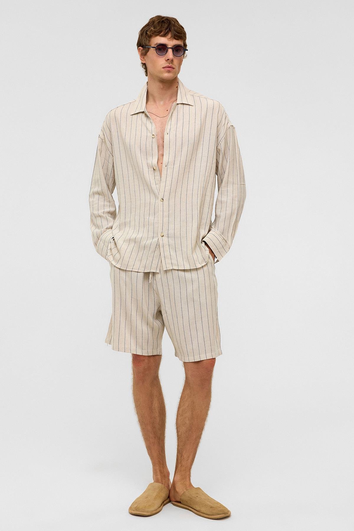 Oversize Uzun Kollu Çizgili Keten Gömlek İndigo