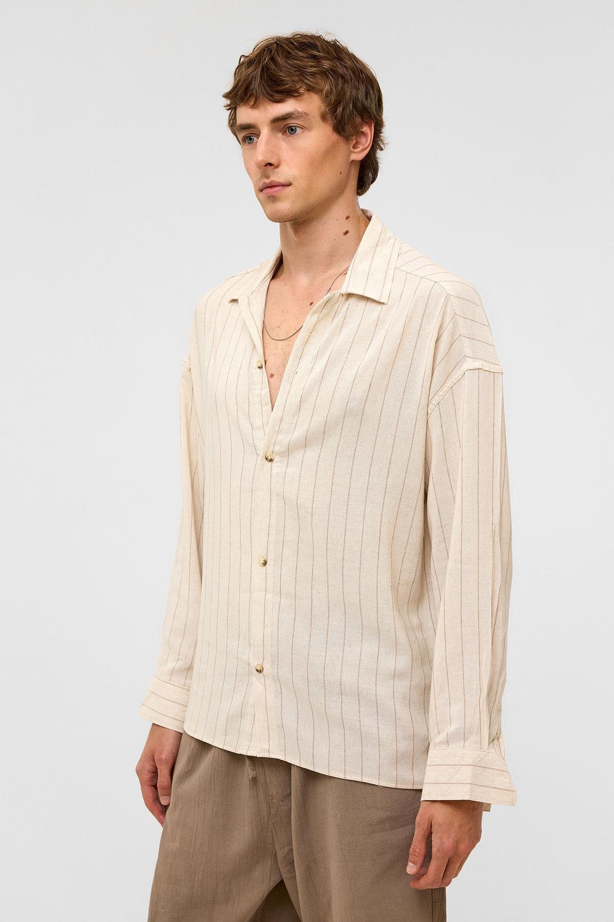 Oversize Uzun Kollu Çizgili Keten Gömlek Vizon