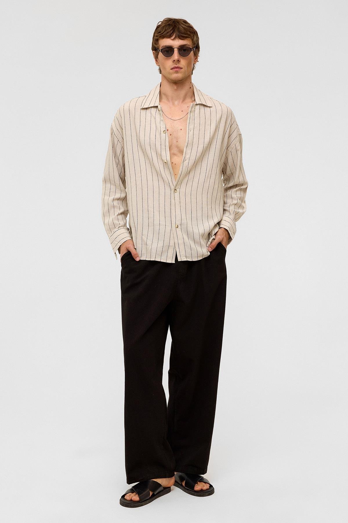 Oversize Uzun Kollu Çizgili Keten Gömlek Siyah