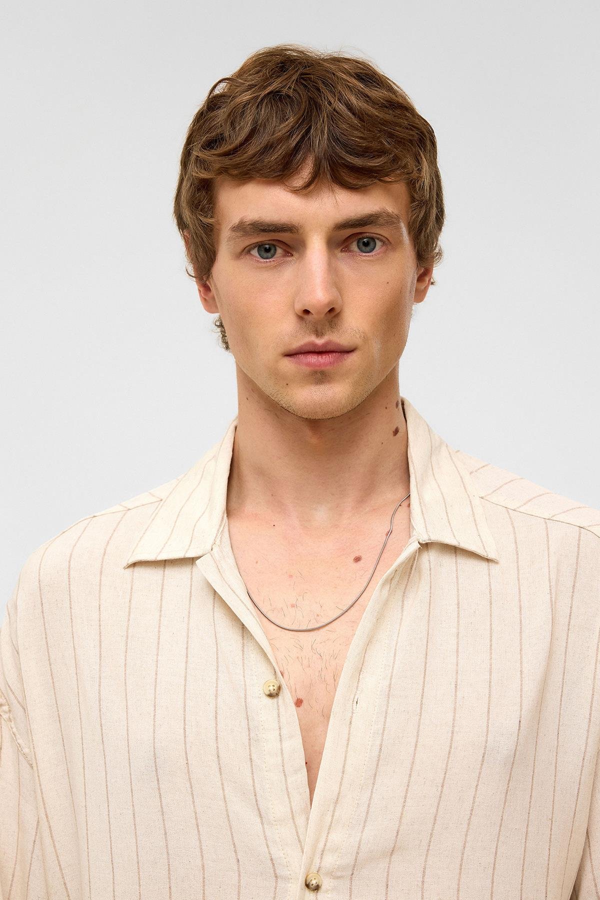 Oversize Uzun Kollu Çizgili Keten Gömlek Vizon