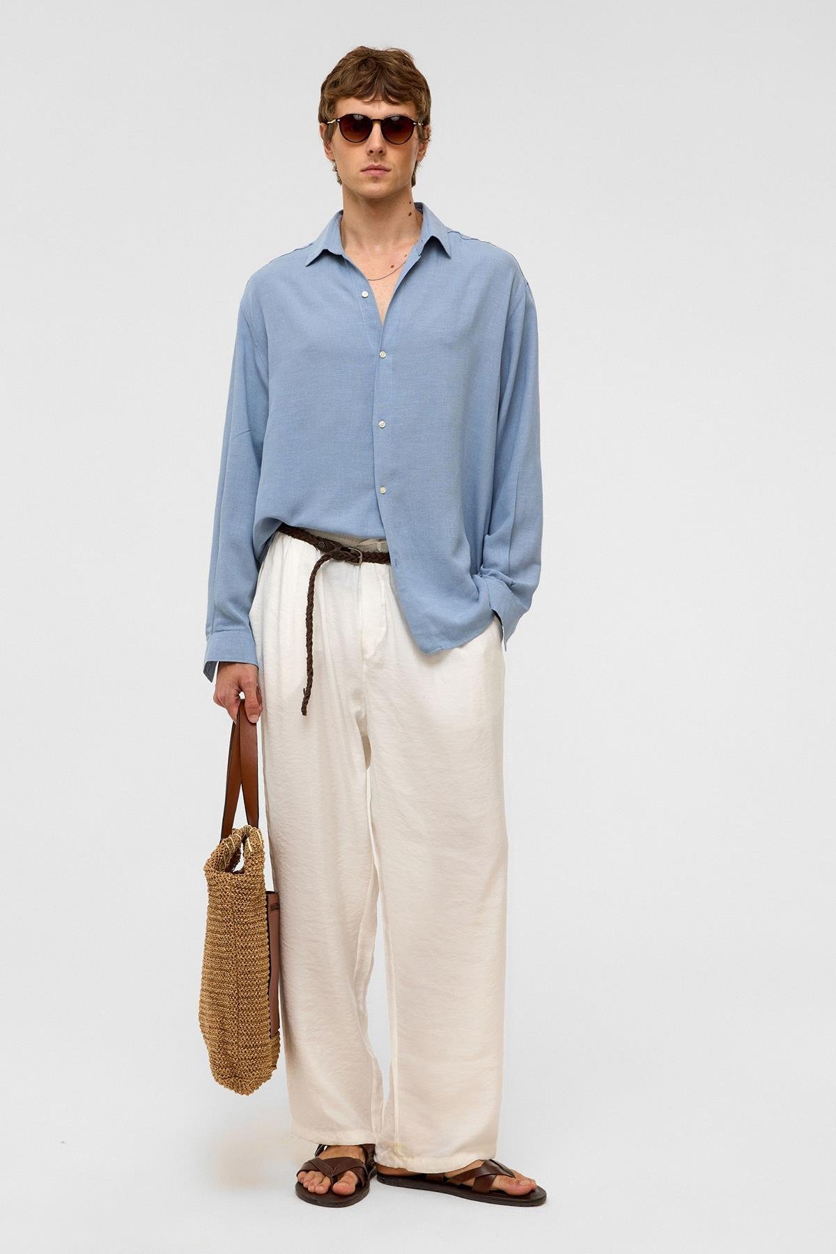 Oversize Uzun Kollu Keten Gömlek Bebe Mavi