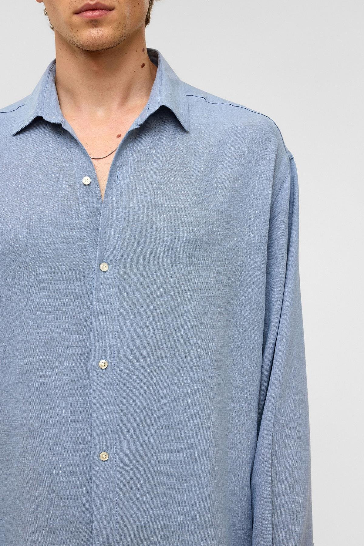 Oversize Uzun Kollu Keten Gömlek Bebe Mavi