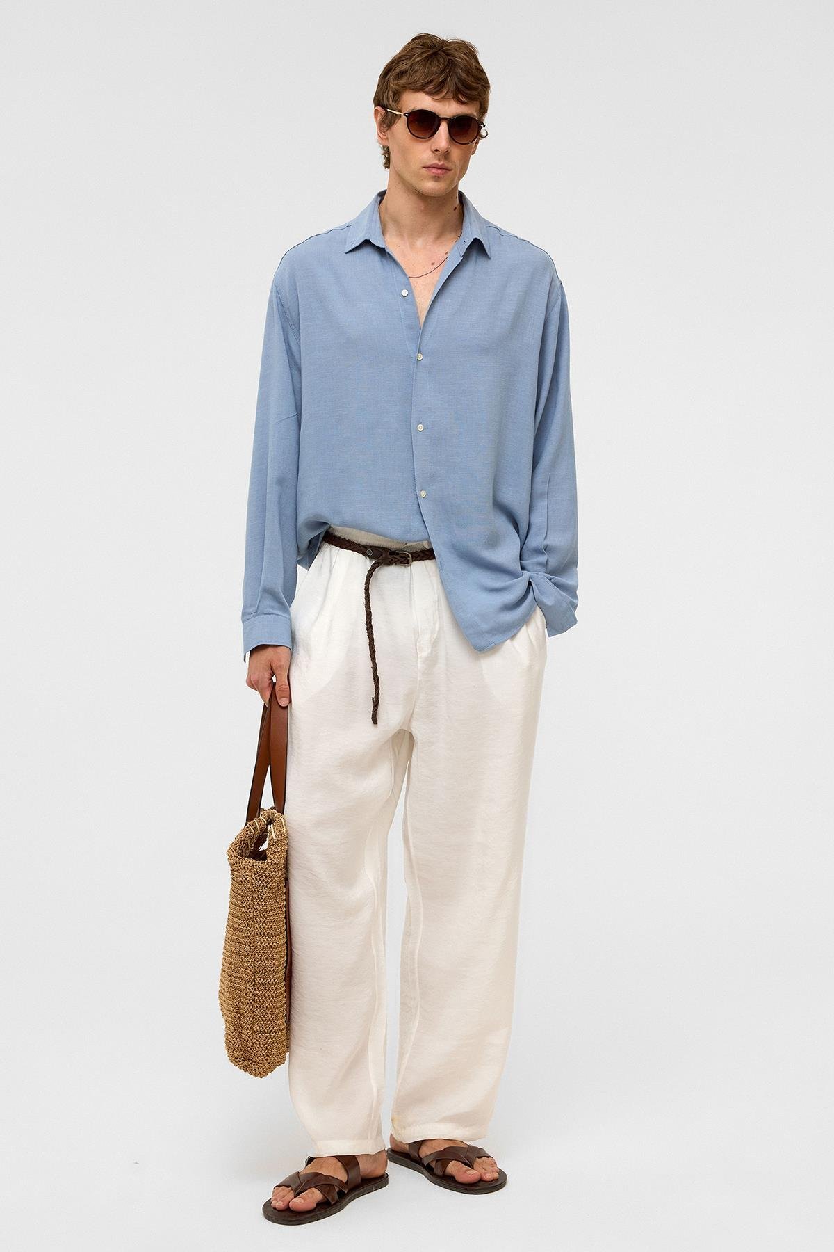 Oversize Uzun Kollu Keten Gömlek Bebe Mavi