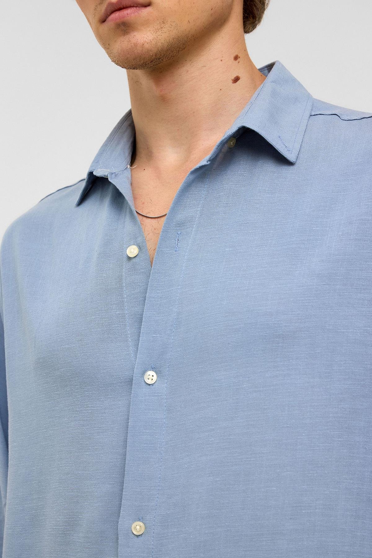 Oversize Uzun Kollu Keten Gömlek Bebe Mavi