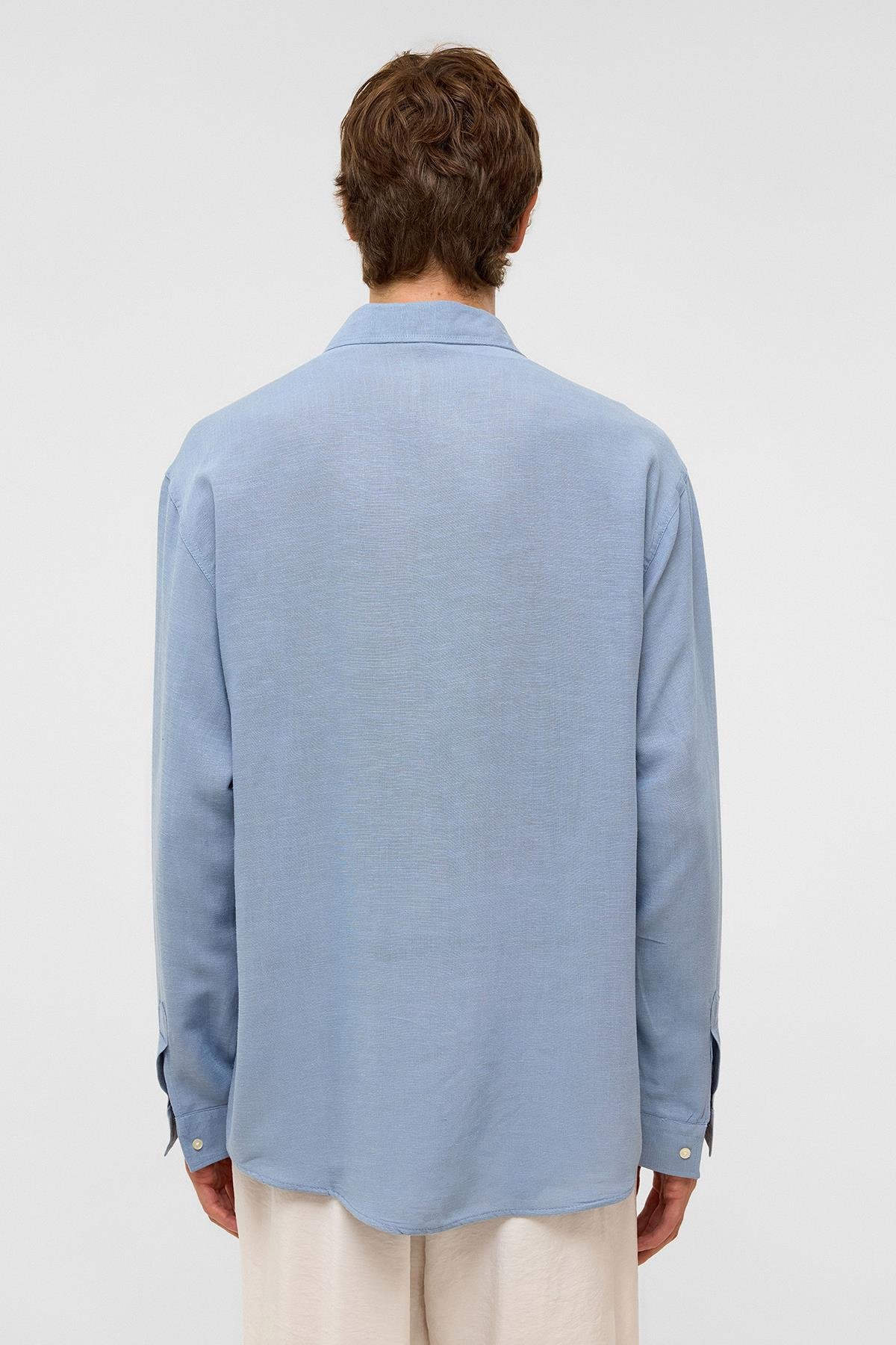 Oversize Uzun Kollu Keten Gömlek Bebe Mavi