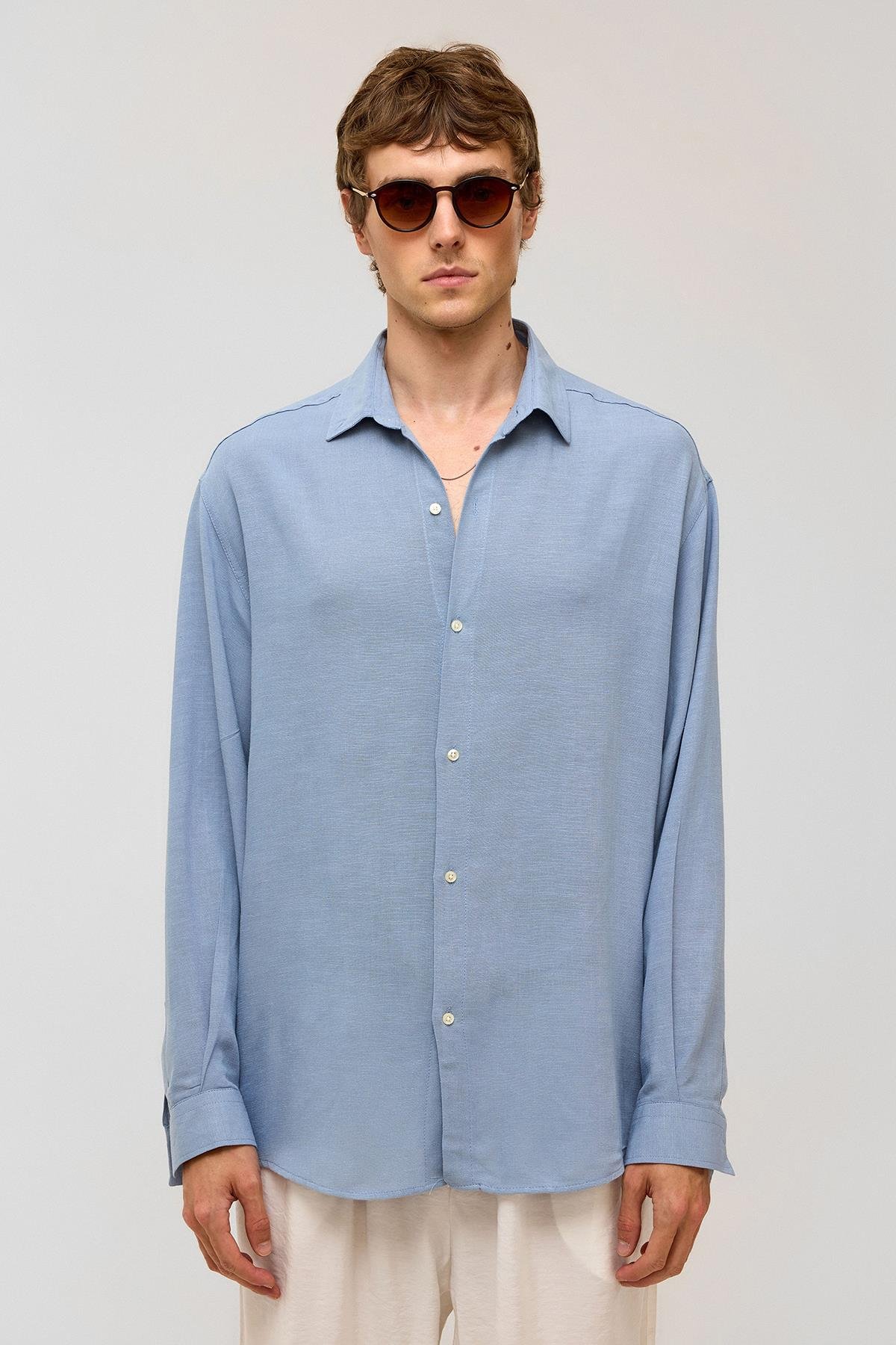 Oversize Uzun Kollu Keten Gömlek Bebe Mavi