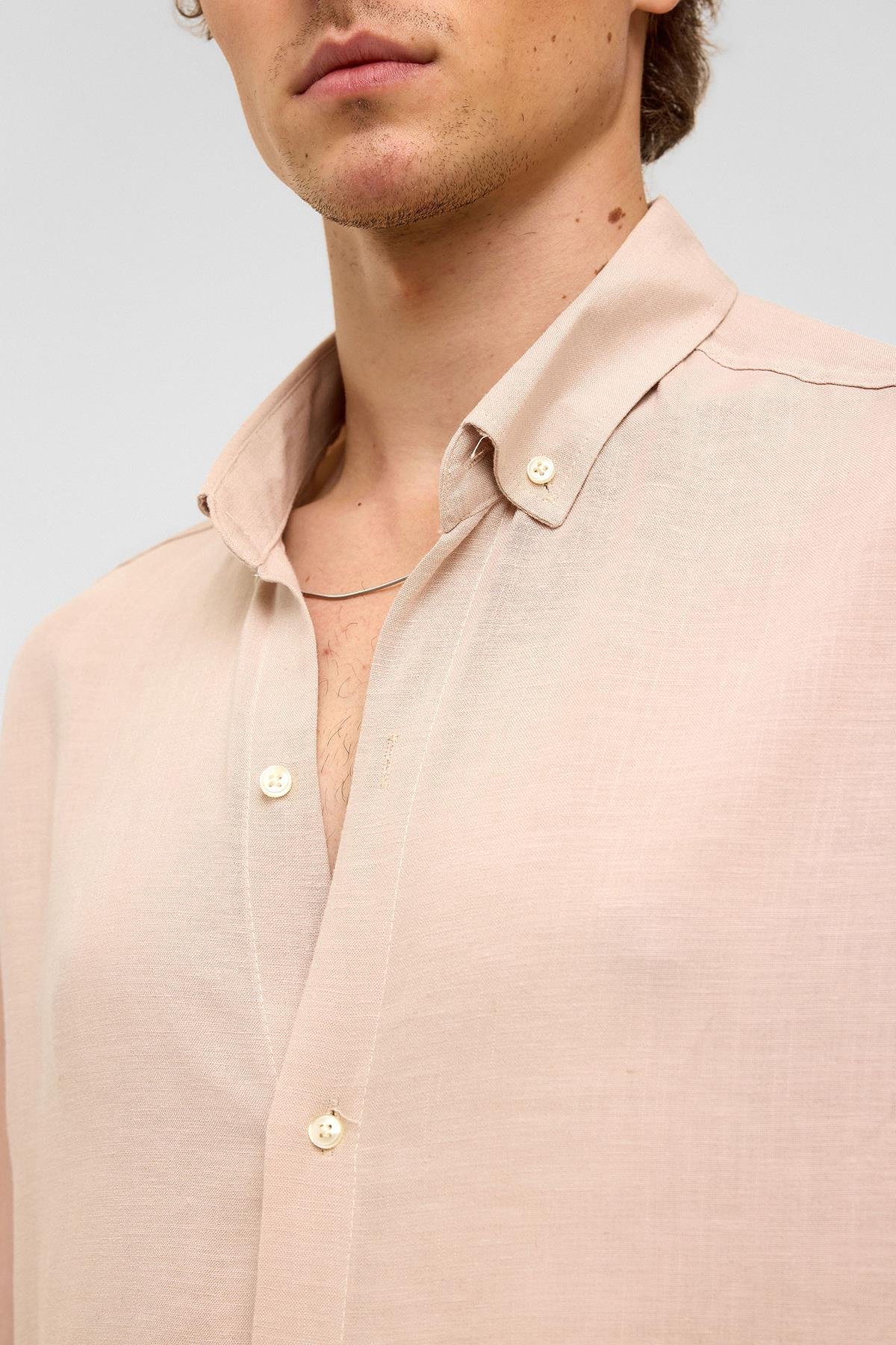 Oversize Uzun Kollu Keten Gömlek Bej