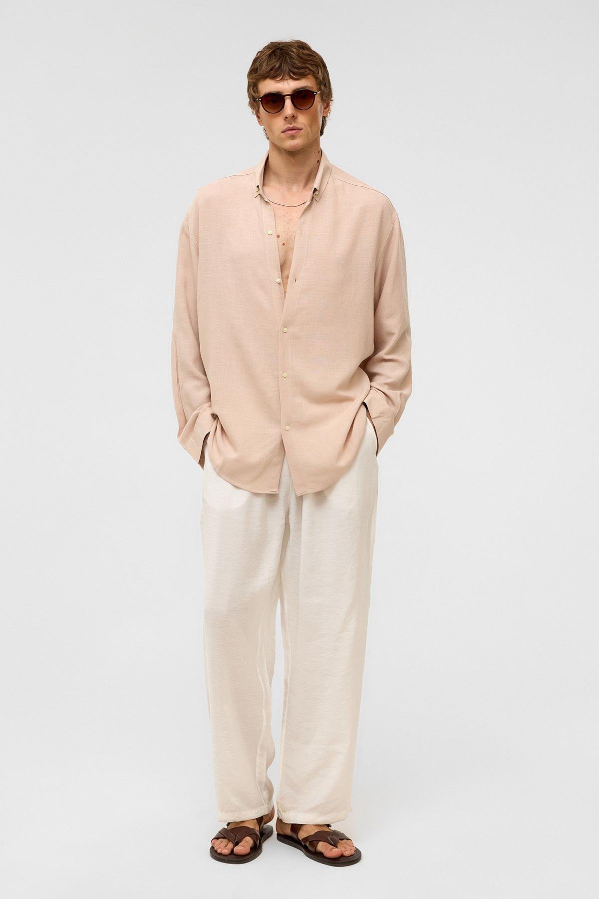 Oversize Uzun Kollu Keten Gömlek Bej