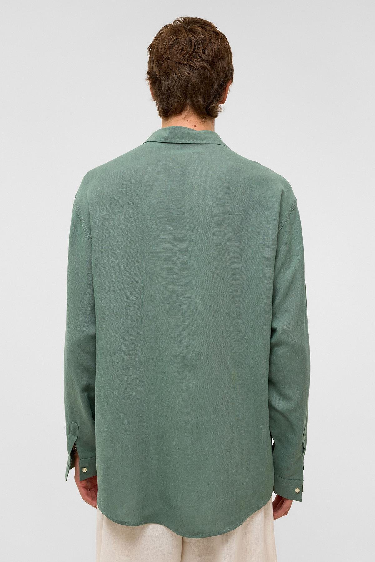 Oversize Uzun Kollu Keten Gömlek Haki