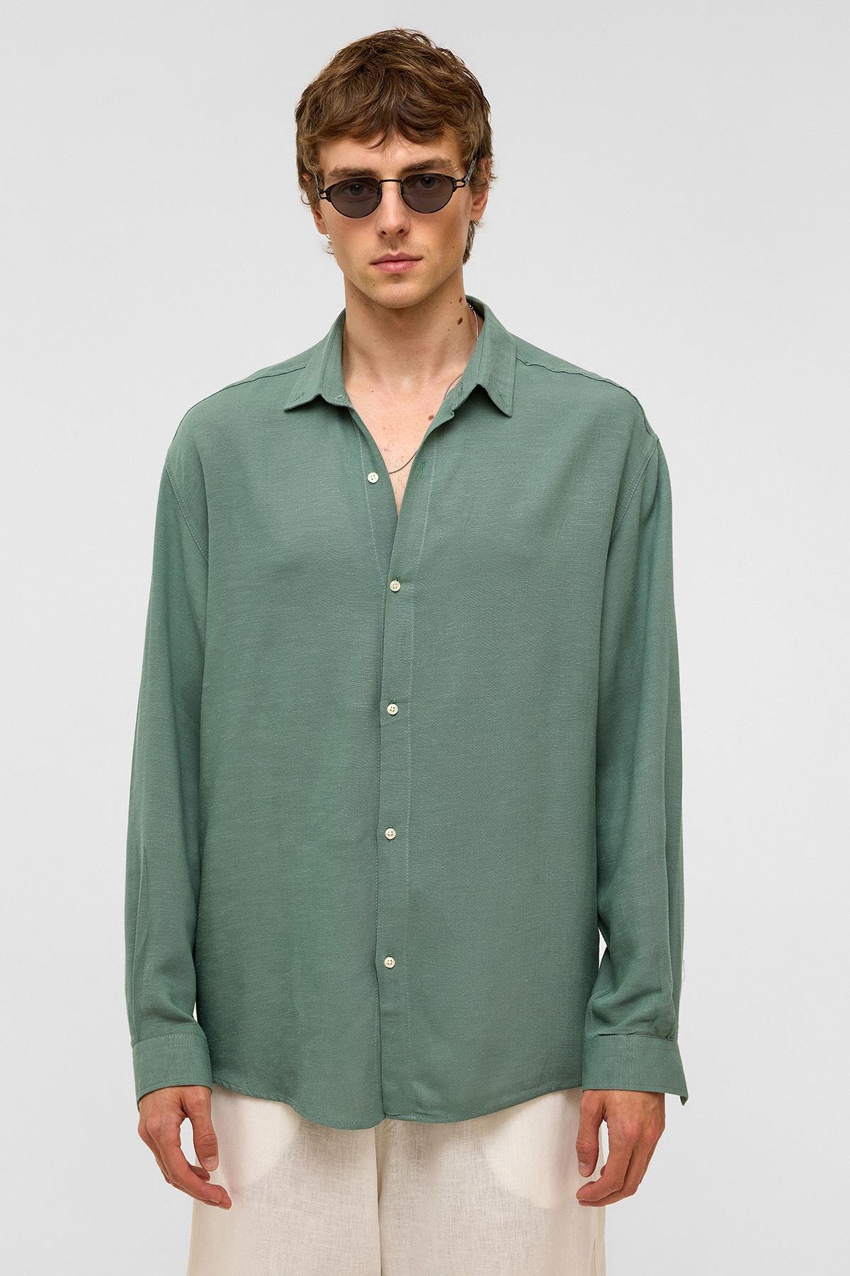 Oversize Uzun Kollu Keten Gömlek Haki