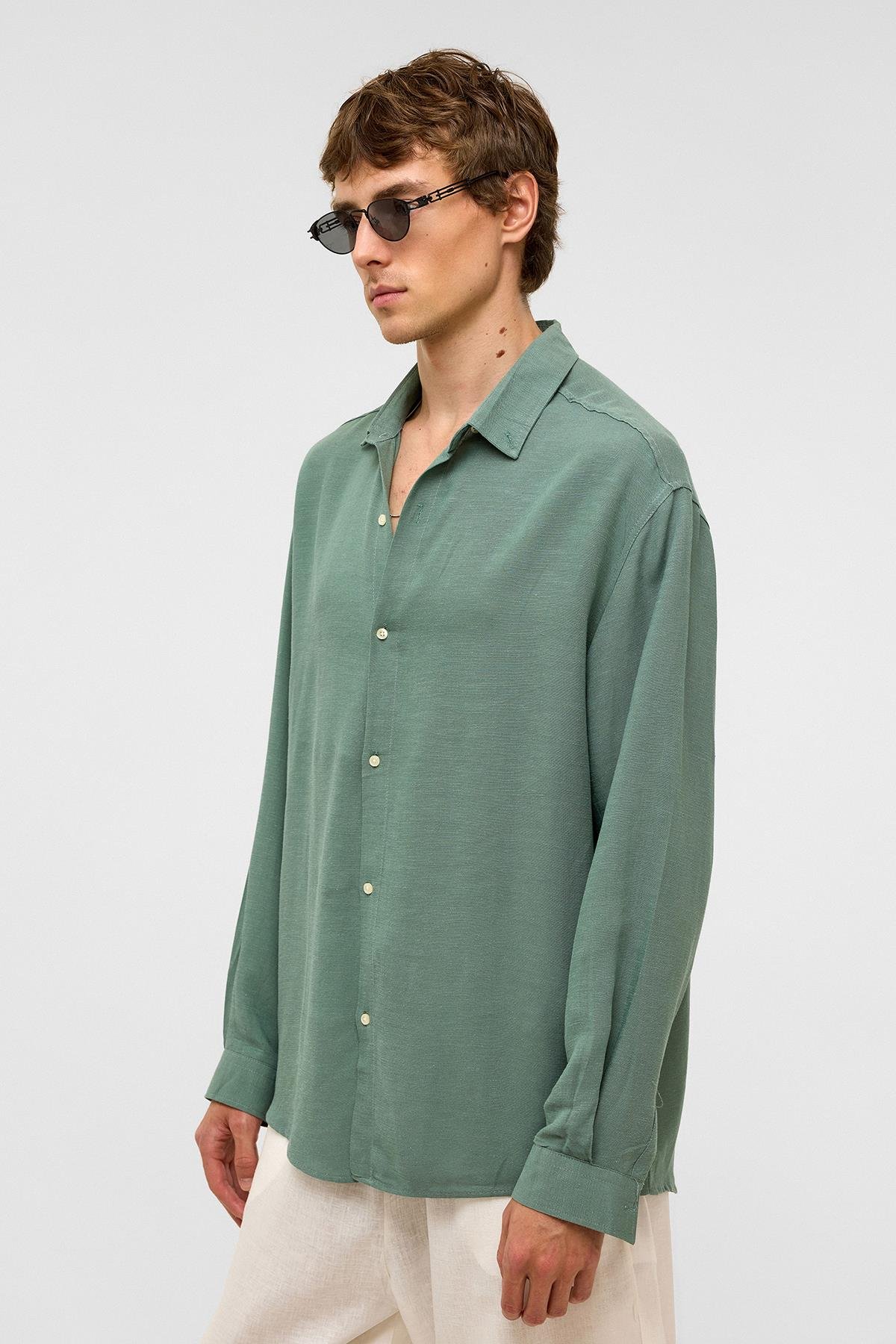 Oversize Uzun Kollu Keten Gömlek Haki