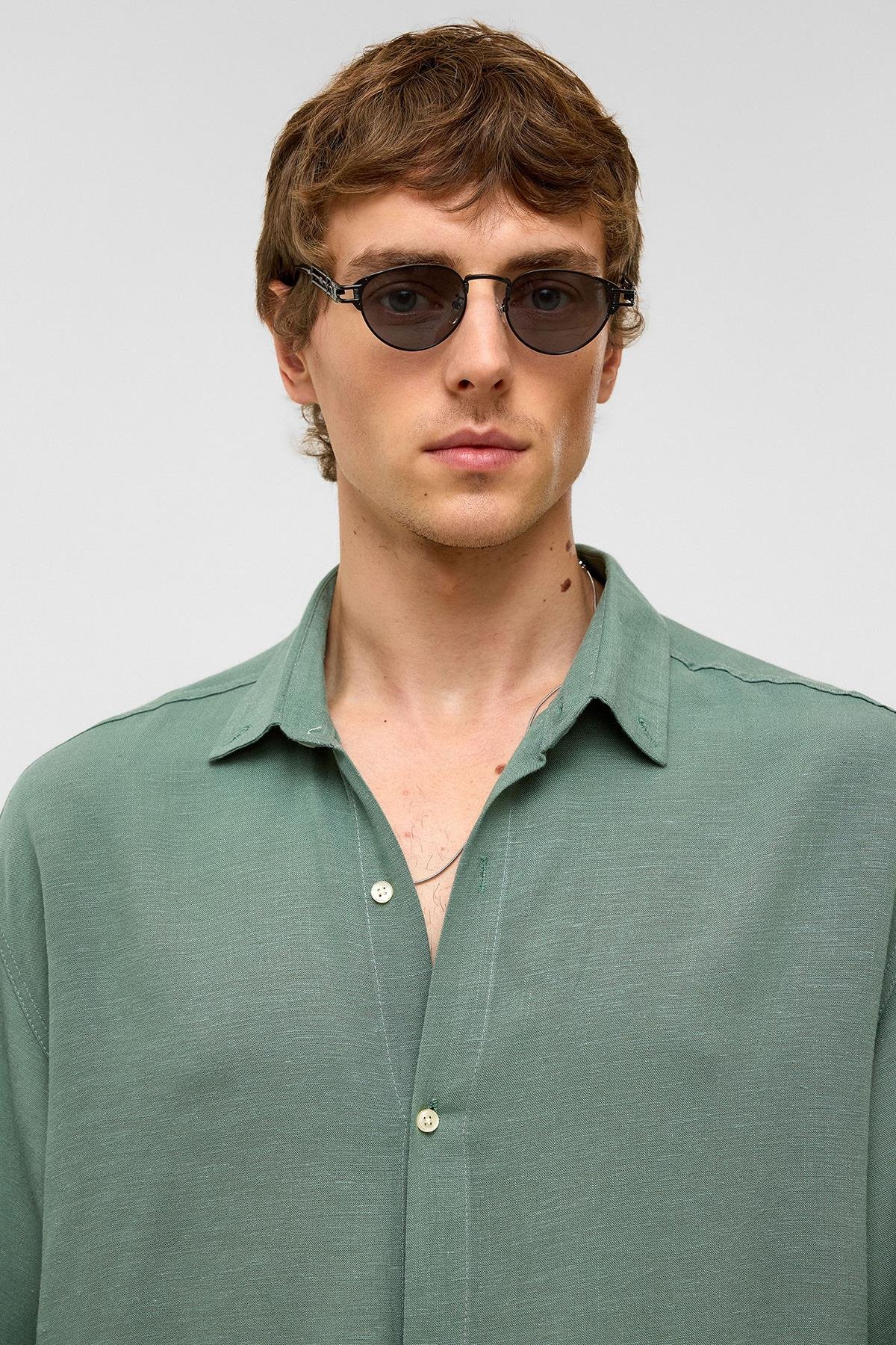 Oversize Uzun Kollu Keten Gömlek Haki