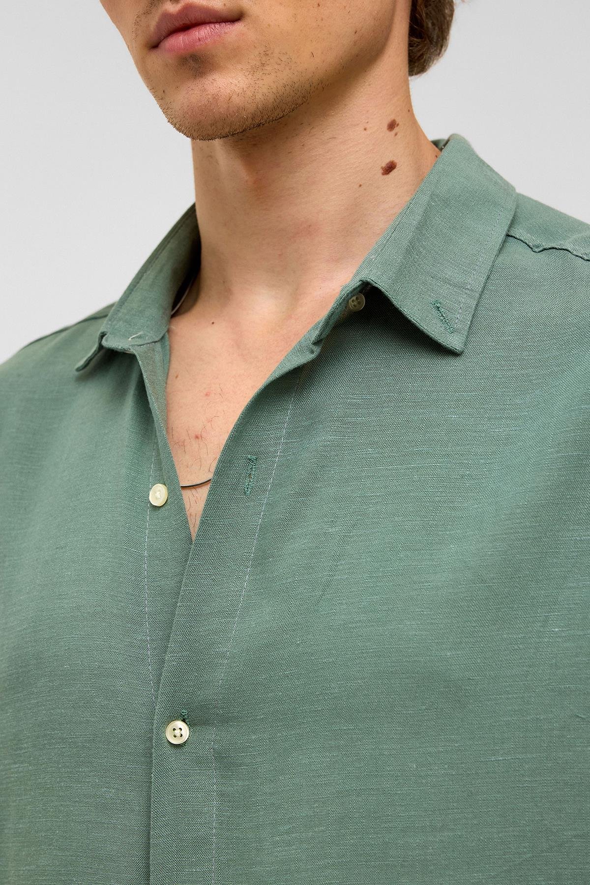 Oversize Uzun Kollu Keten Gömlek Haki