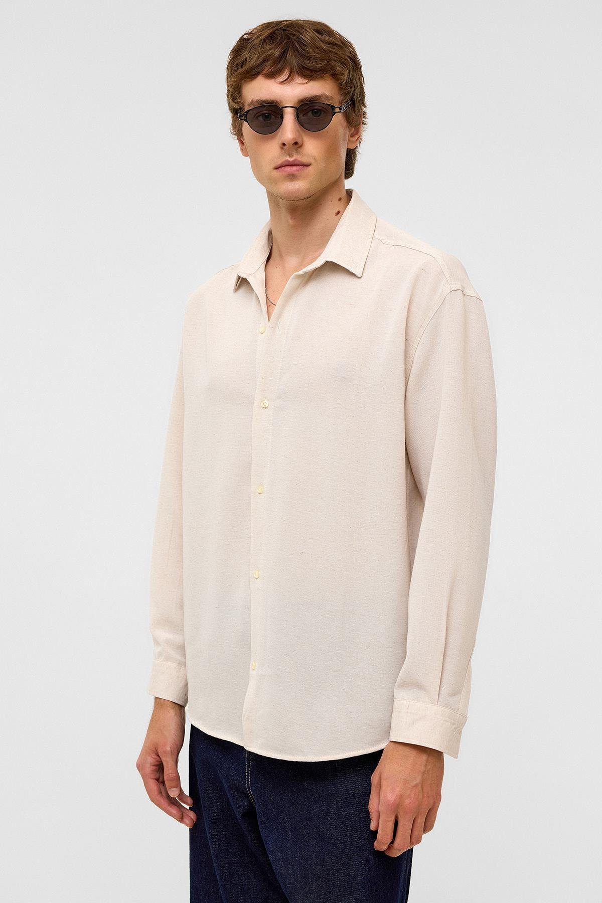 Oversize Uzun Kollu Keten Gömlek Naturel