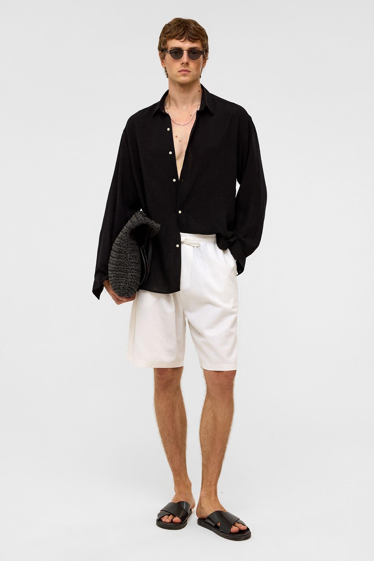 Oversize Uzun Kollu Keten Gömlek Siyah