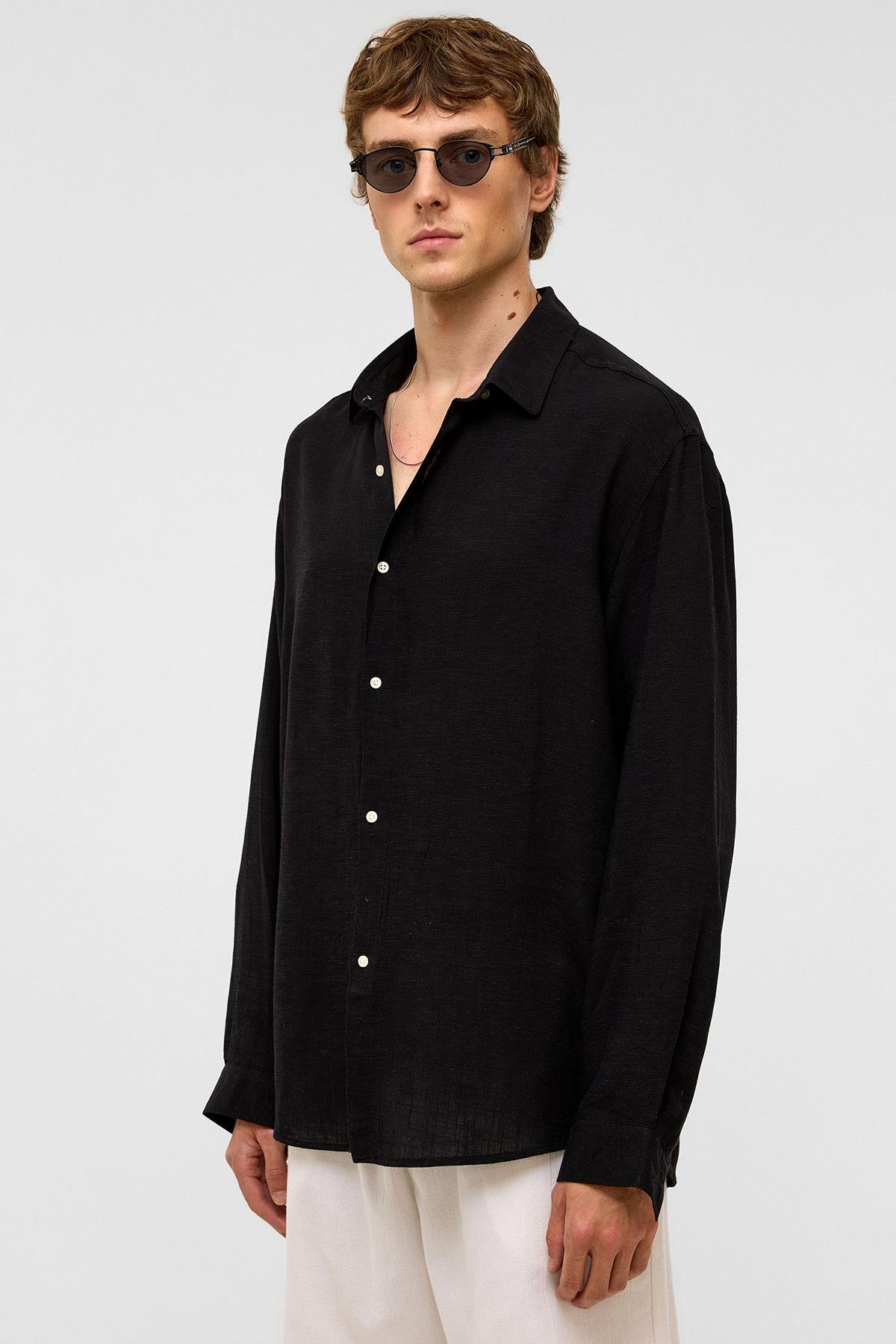 Oversize Uzun Kollu Keten Gömlek Siyah