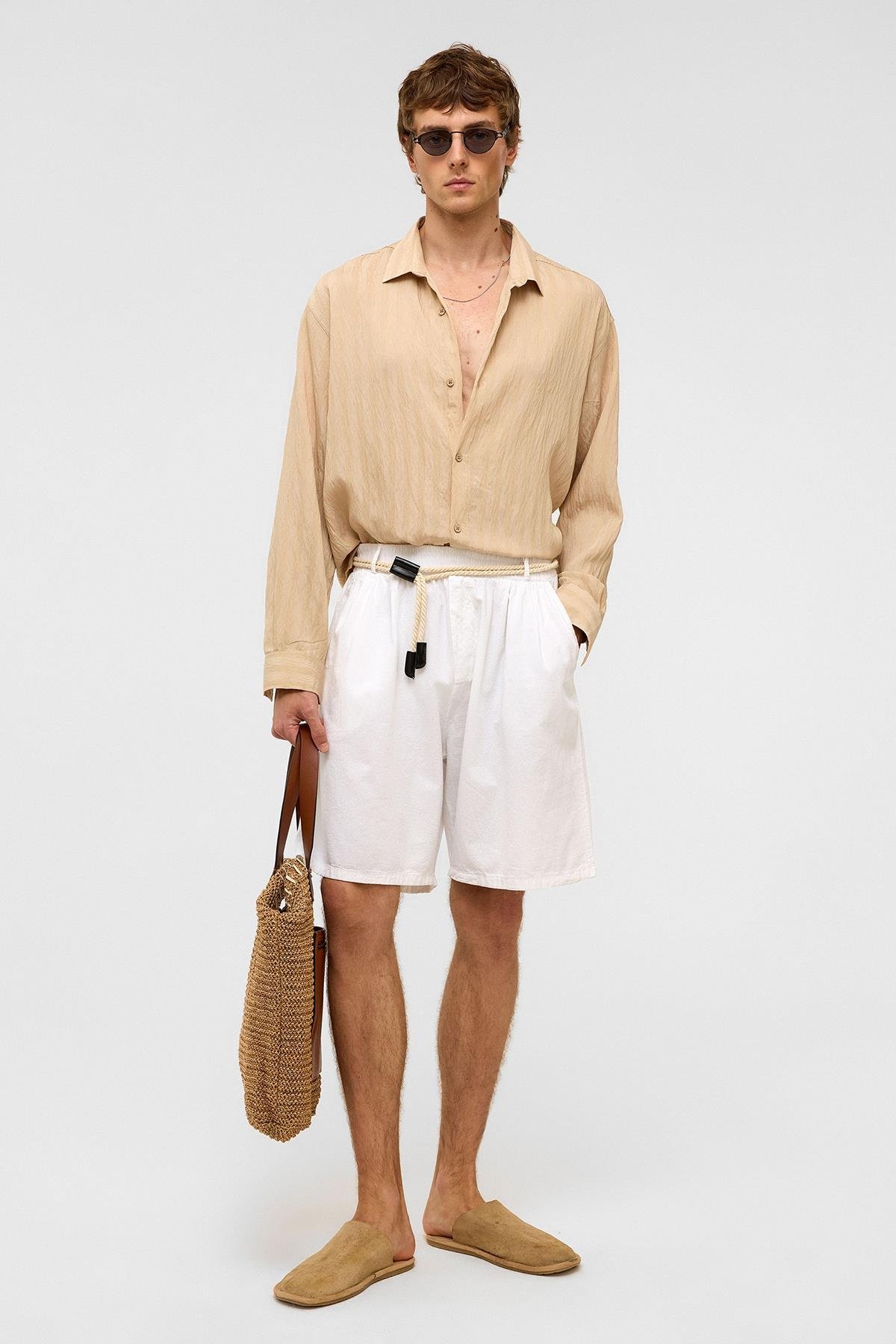 Oversize Uzun Kollu Modal Kumaş Gömlek Taş