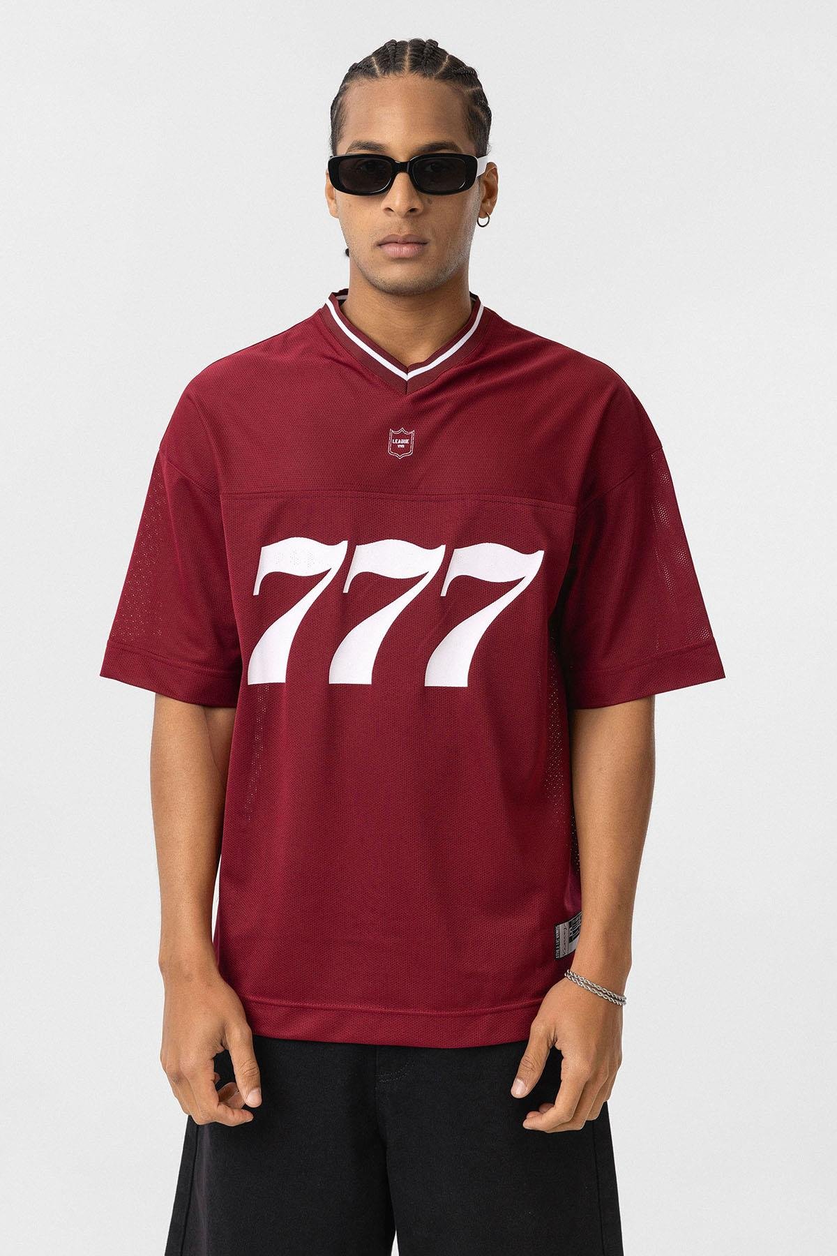 Oversize V Yaka Forma Tişört Bordo