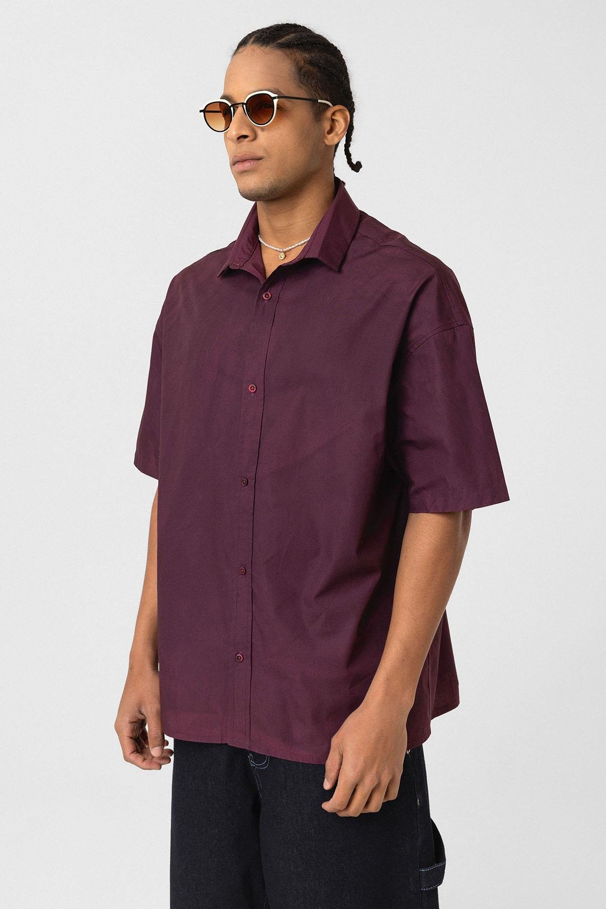 Oversize Yıkamalı Poplin Gömlek Bordo