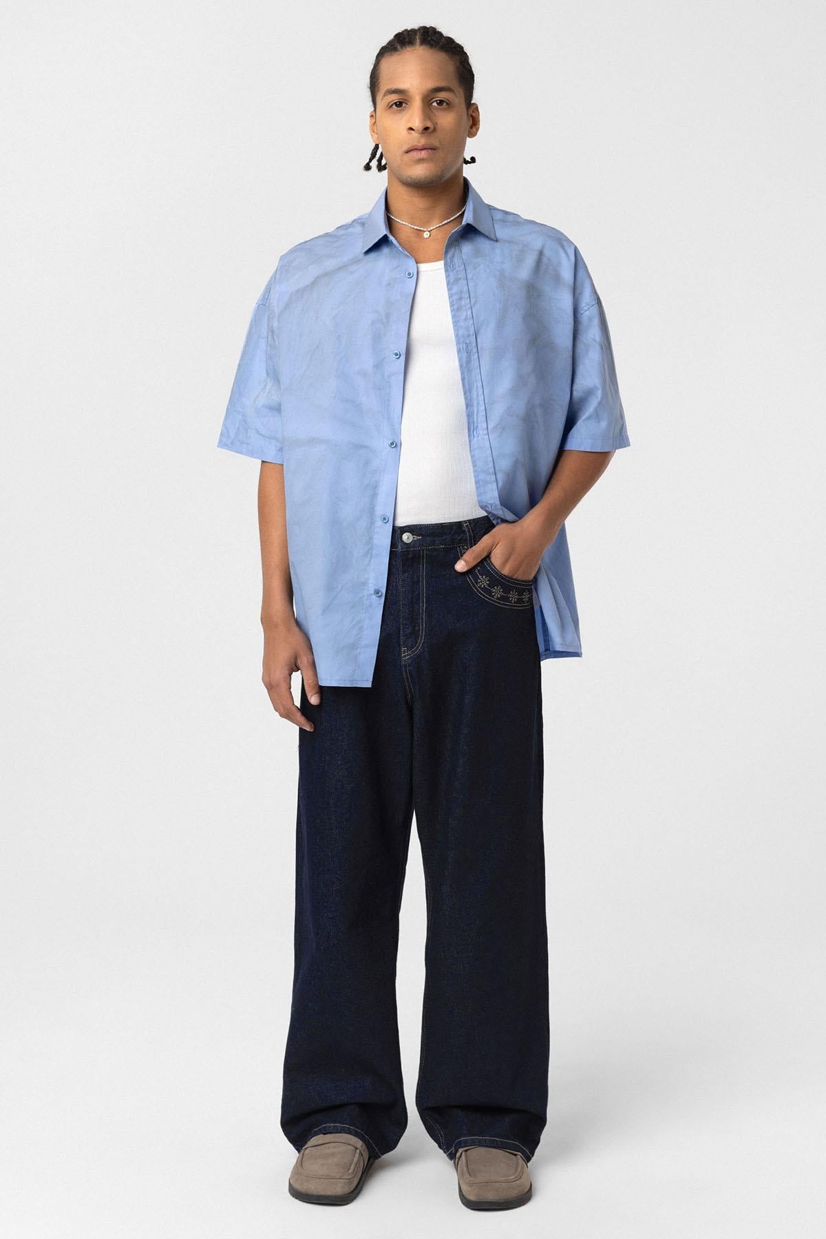 Oversize Yıkamalı Poplin Gömlek Mavi
