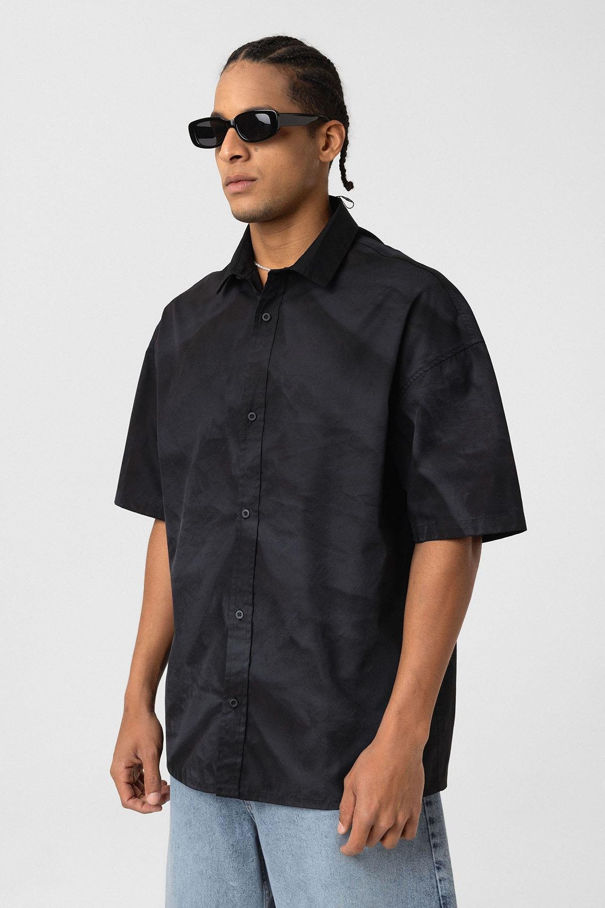 Oversize Yıkamalı Poplin Gömlek Siyah