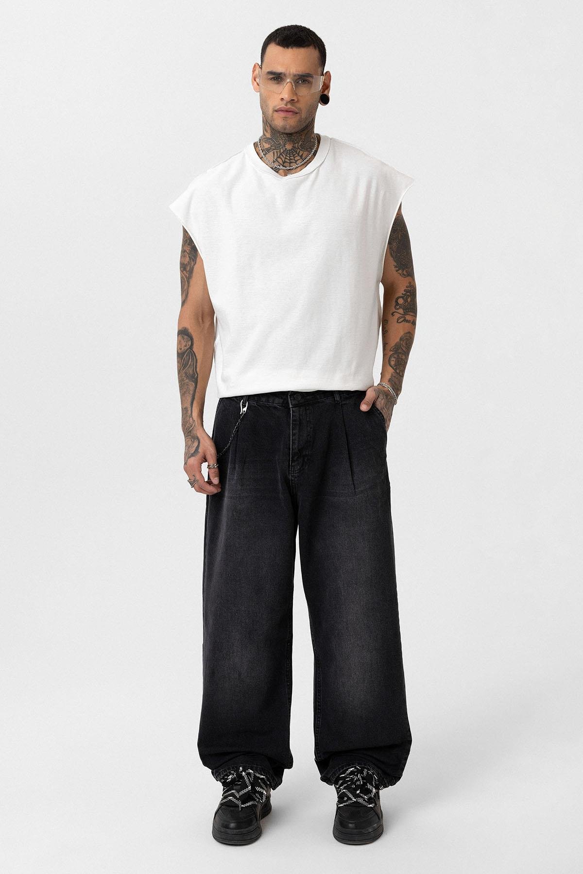 Pileli Zİncir Detaylı Baggy Jean Antrasit