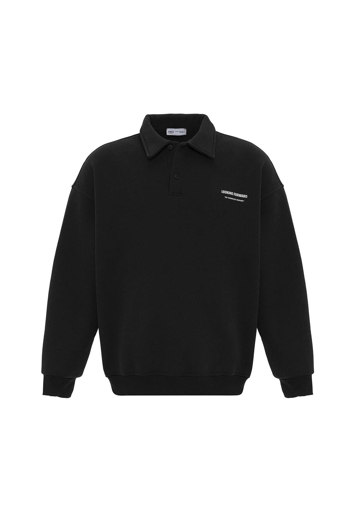 Polo Yaka Baskılı Oversize Sweatshirt Siyah
