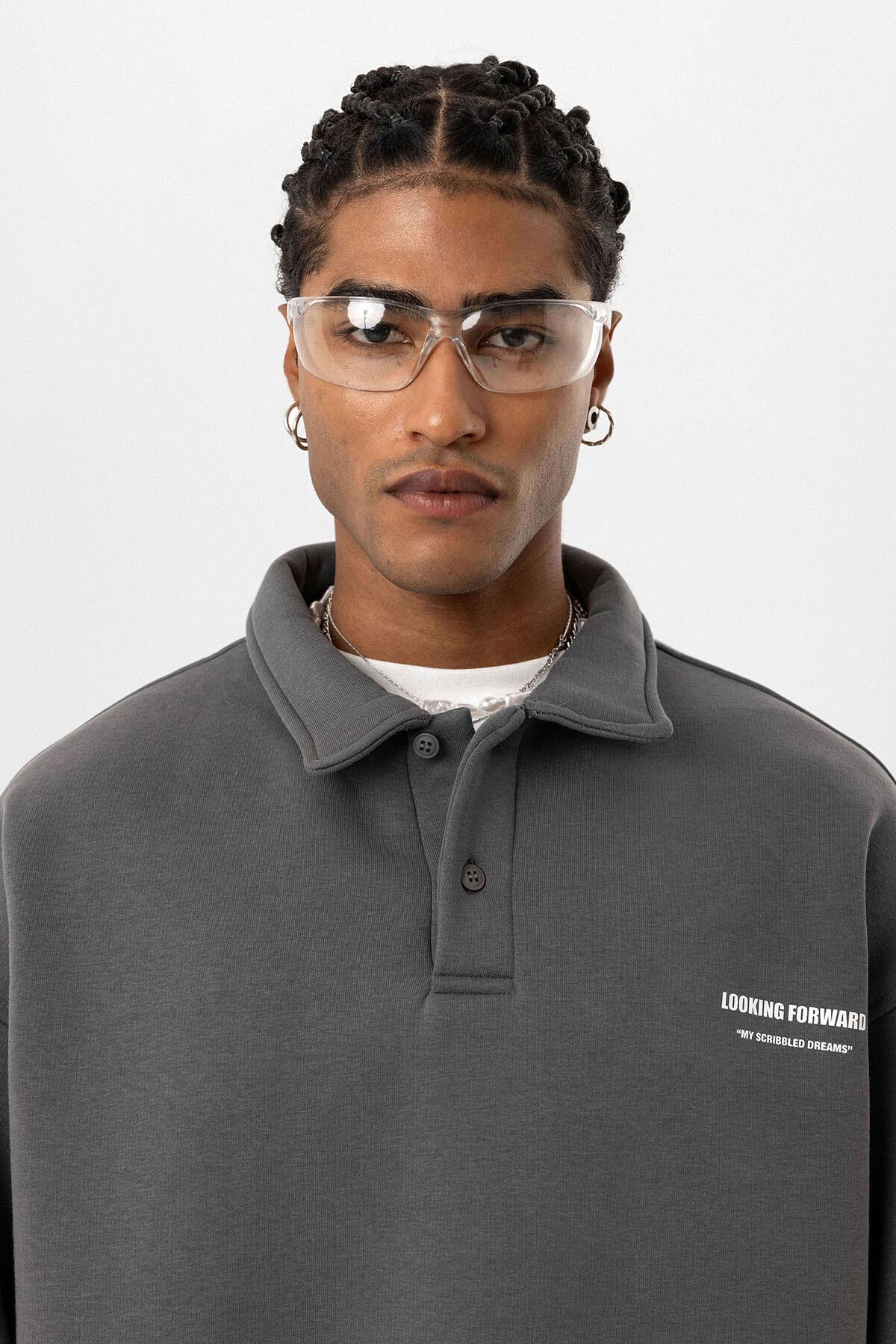 Polo Yaka Baskılı Oversize Sweatshirt Füme