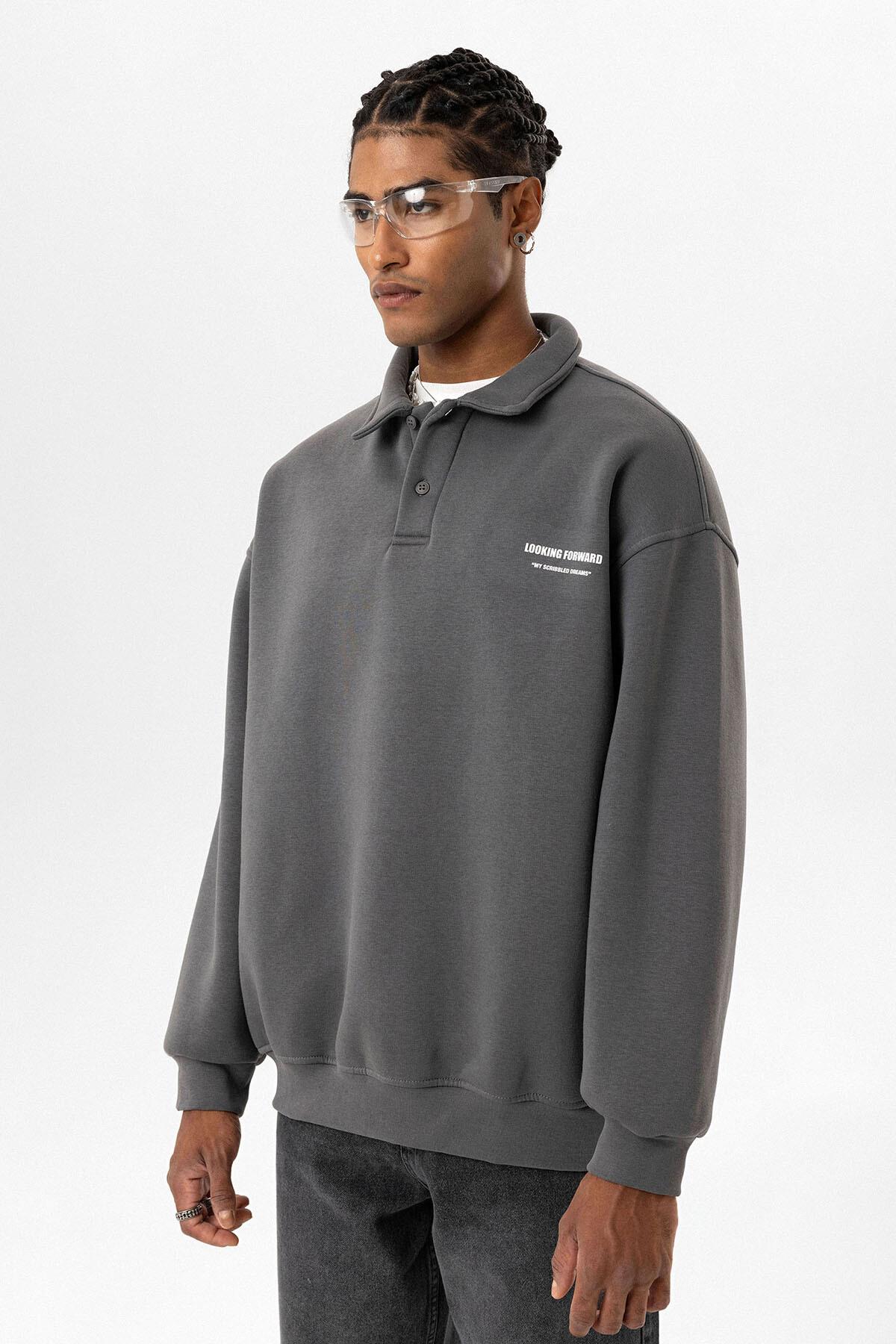 Polo Yaka Baskılı Oversize Sweatshirt Füme