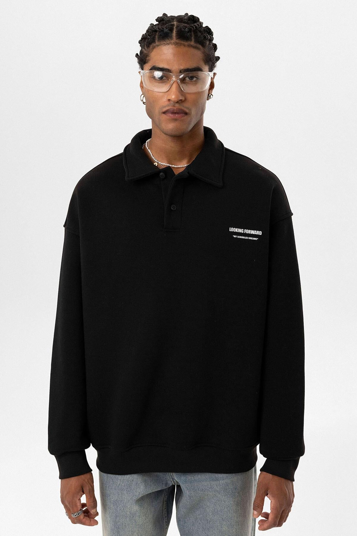 Polo Yaka Baskılı Oversize Sweatshirt Siyah