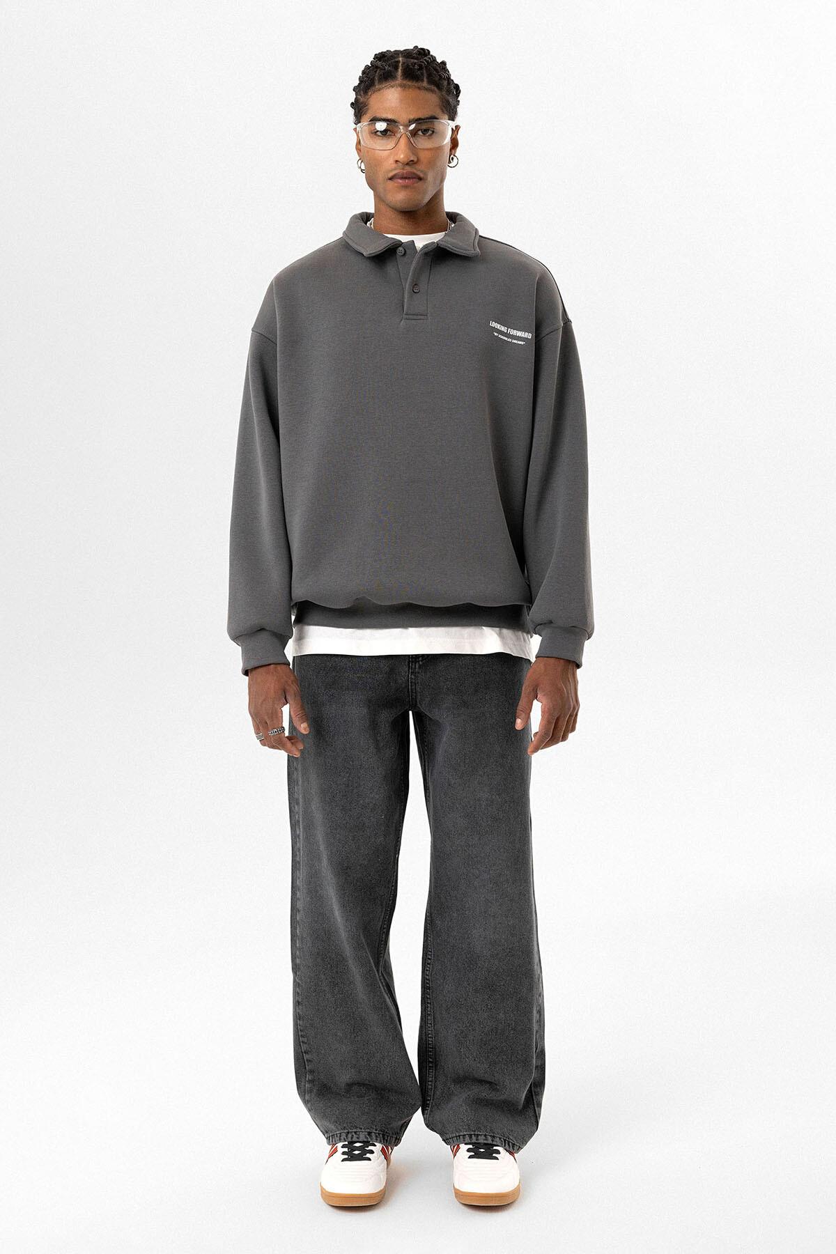 Polo Yaka Baskılı Oversize Sweatshirt Füme