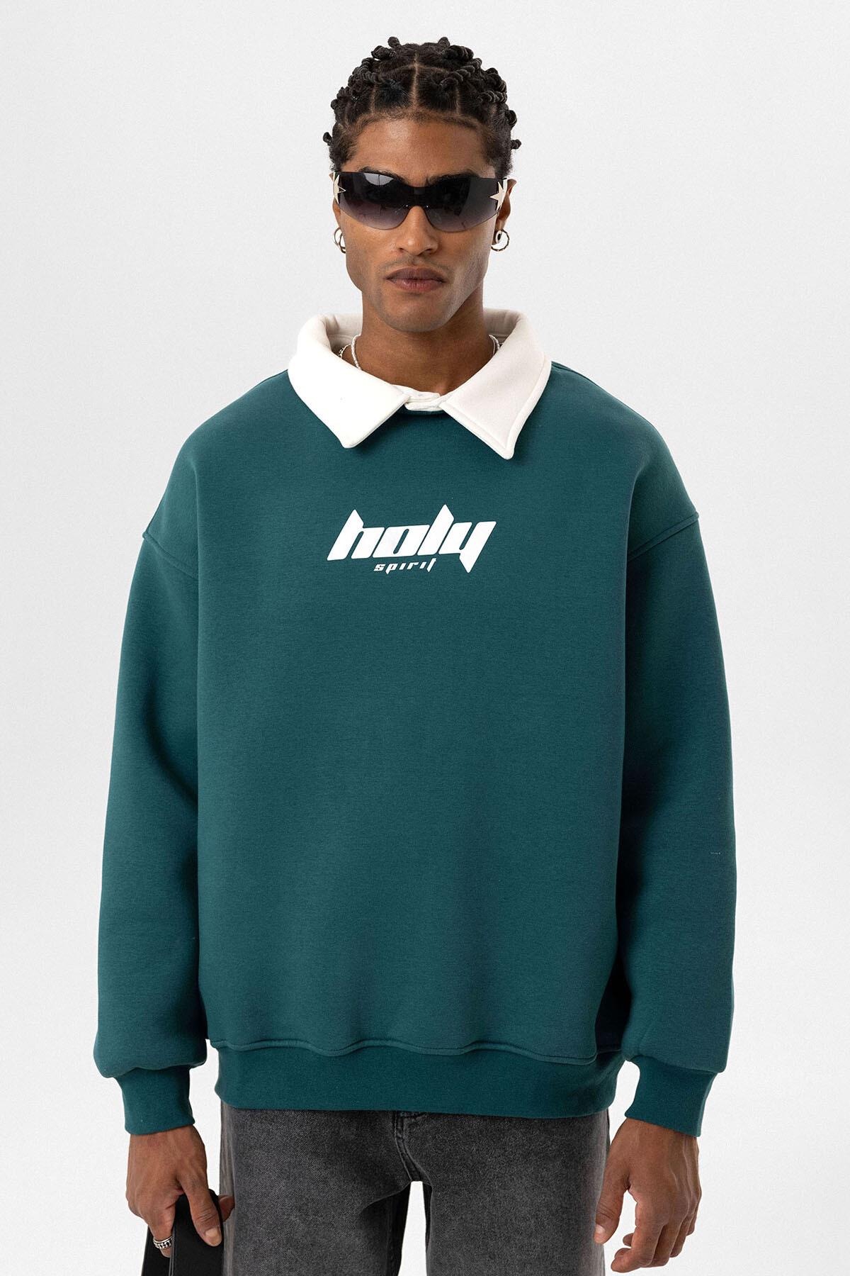 Polo Yaka Oversize Baskılı Sweatshirt Petrol