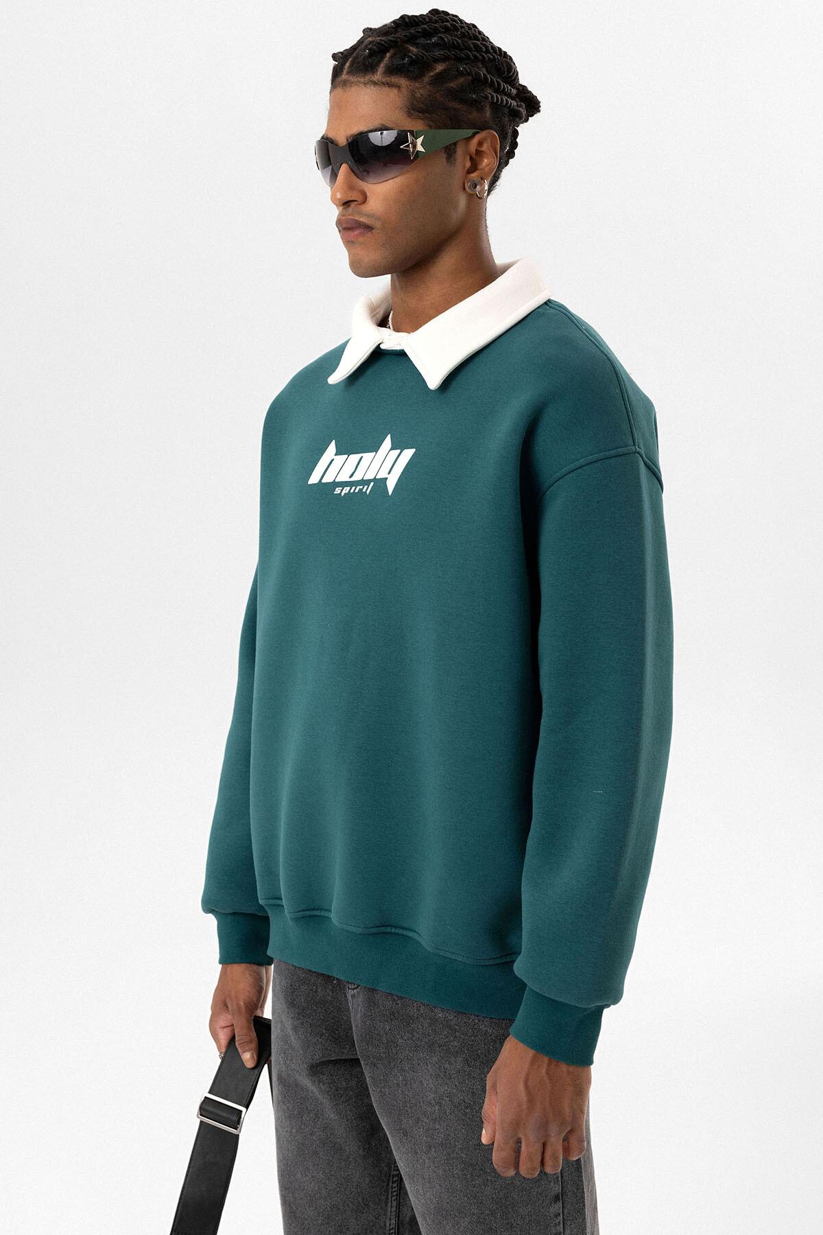 Polo Yaka Oversize Baskılı Sweatshirt Petrol