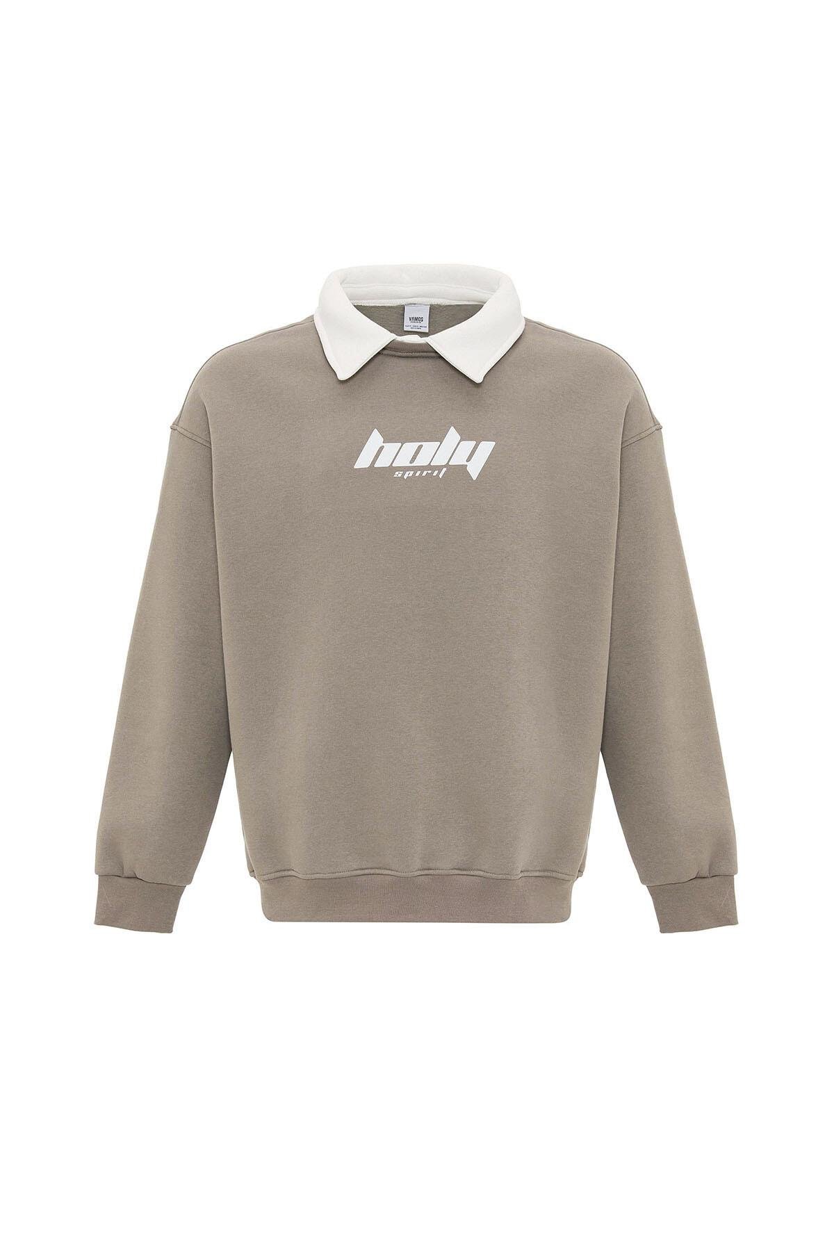 Polo Yaka Oversize Baskılı Sweatshirt Vizon