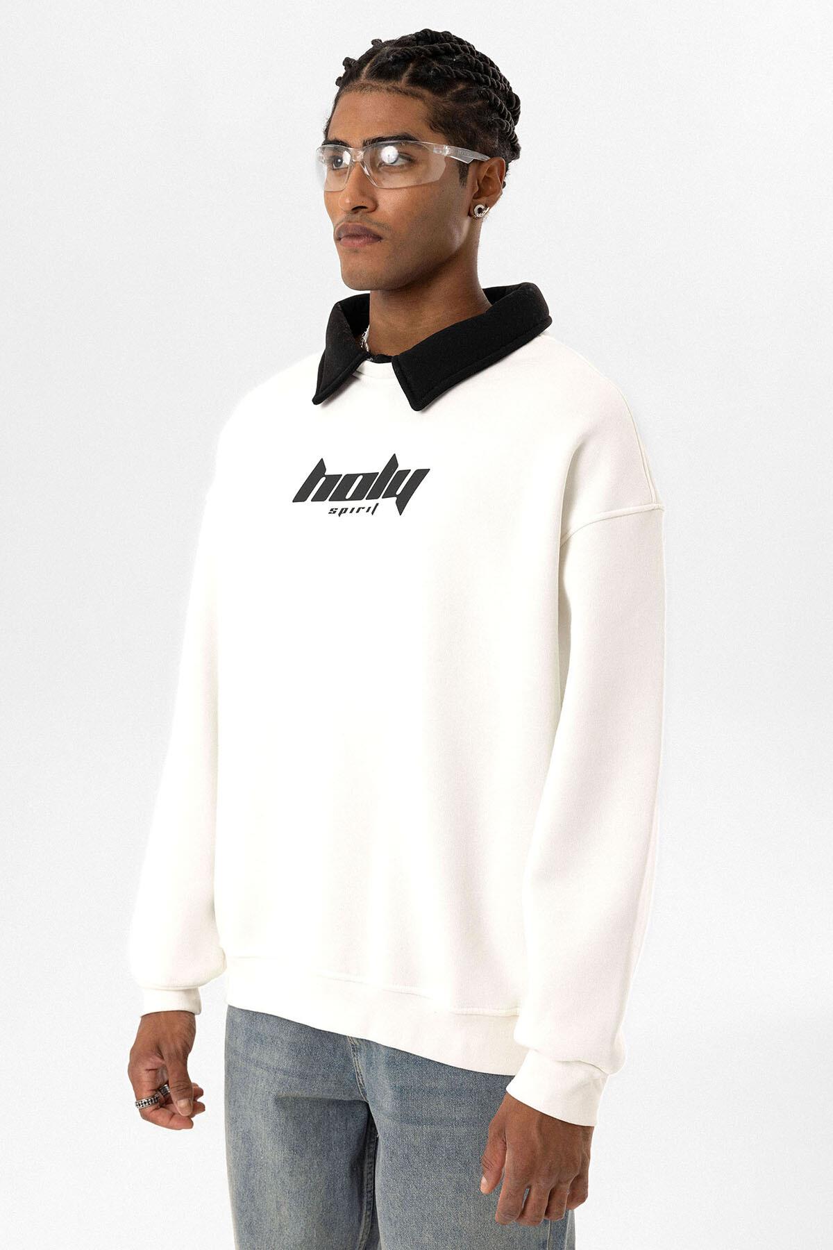 Polo Yaka Oversize Baskılı Sweatshirt Ekru