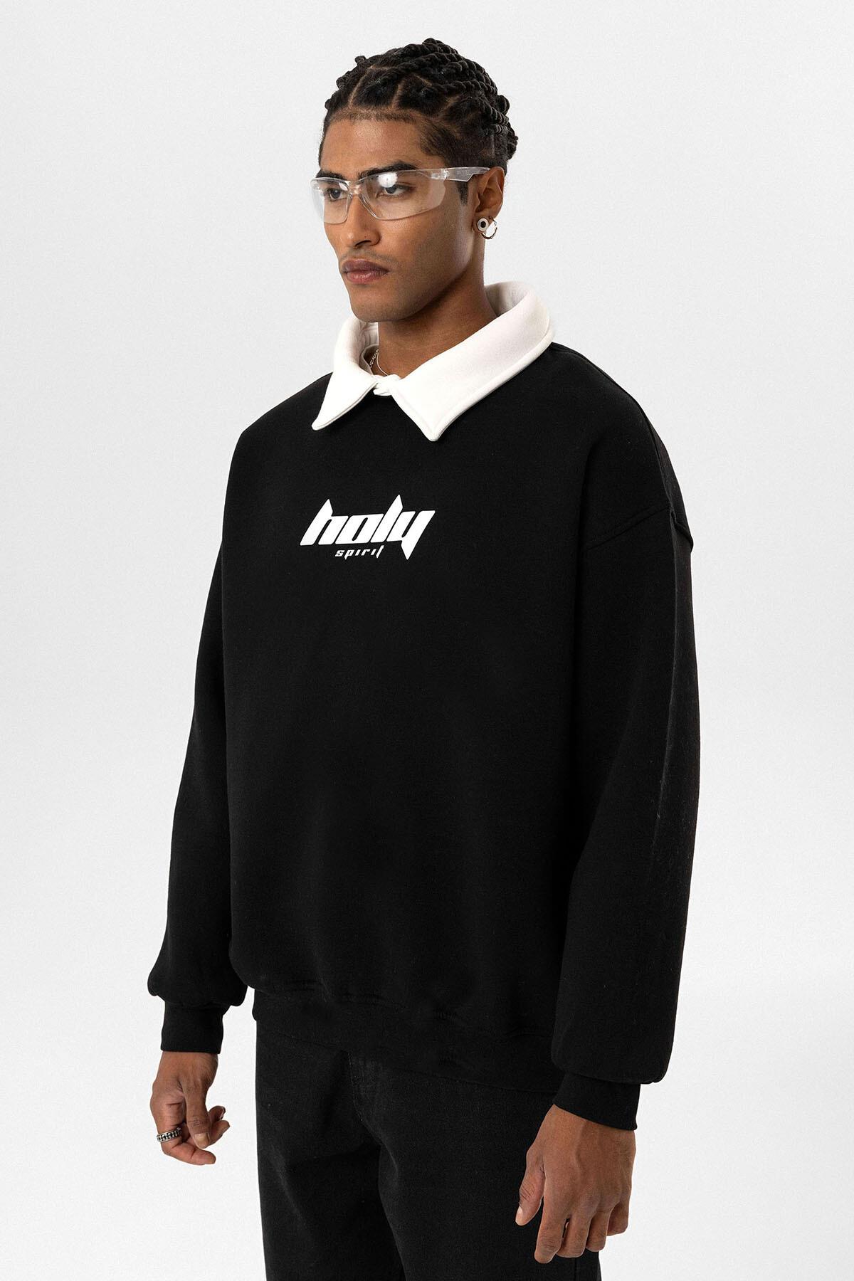 Polo Yaka Oversize Baskılı Sweatshirt Siyah