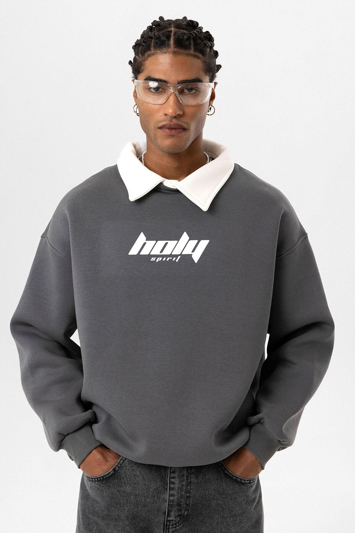 Polo Yaka Oversize Baskılı Sweatshirt Füme