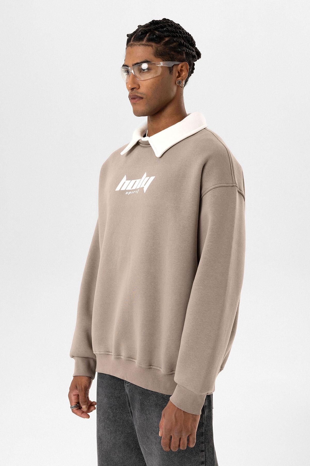Polo Yaka Oversize Baskılı Sweatshirt Vizon
