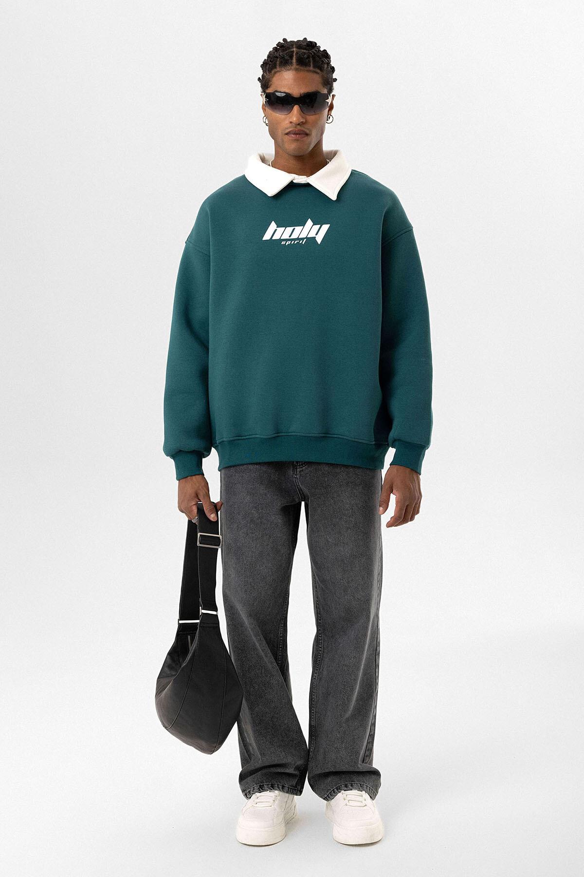 Polo Yaka Oversize Baskılı Sweatshirt Petrol