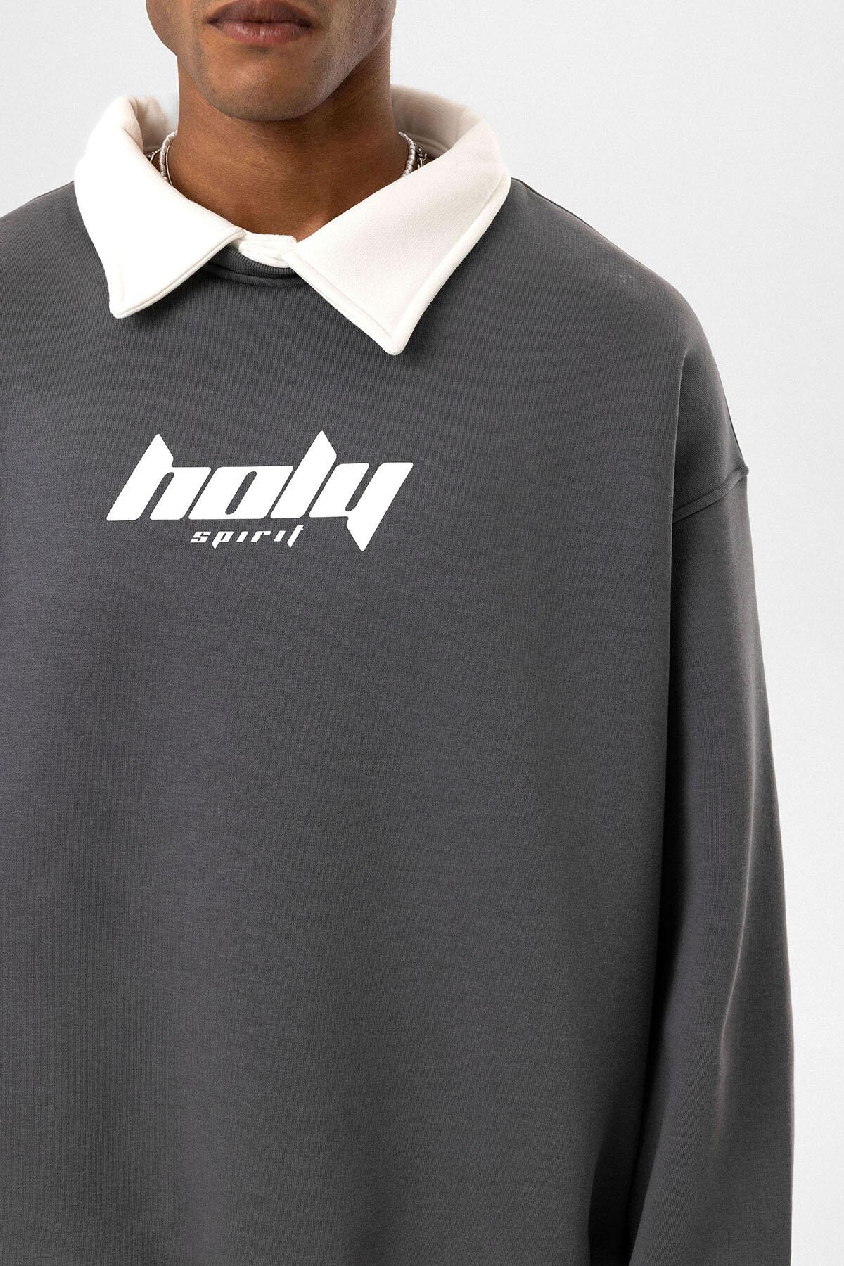Polo Yaka Oversize Baskılı Sweatshirt Füme