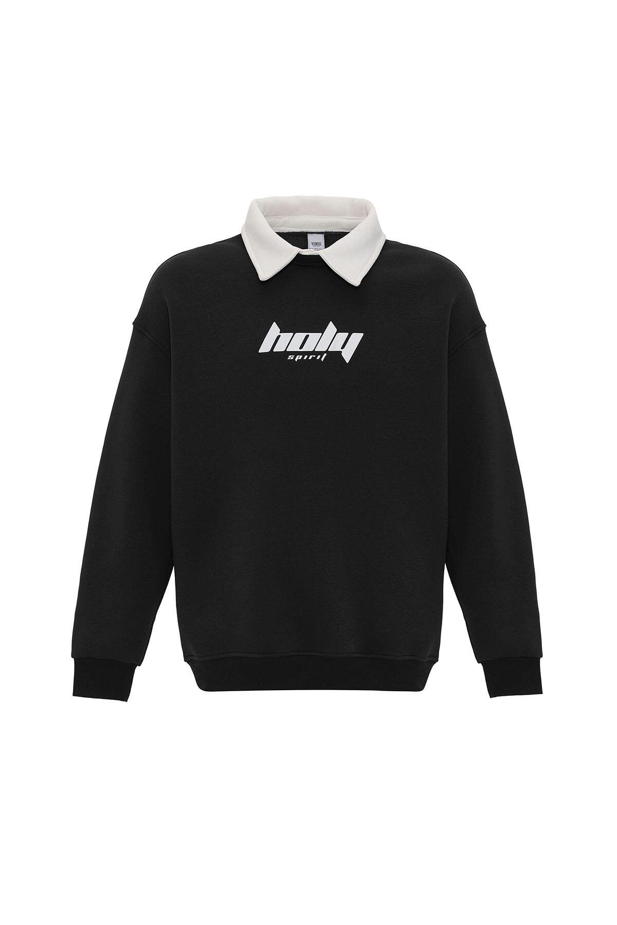 Polo Yaka Oversize Baskılı Sweatshirt Siyah